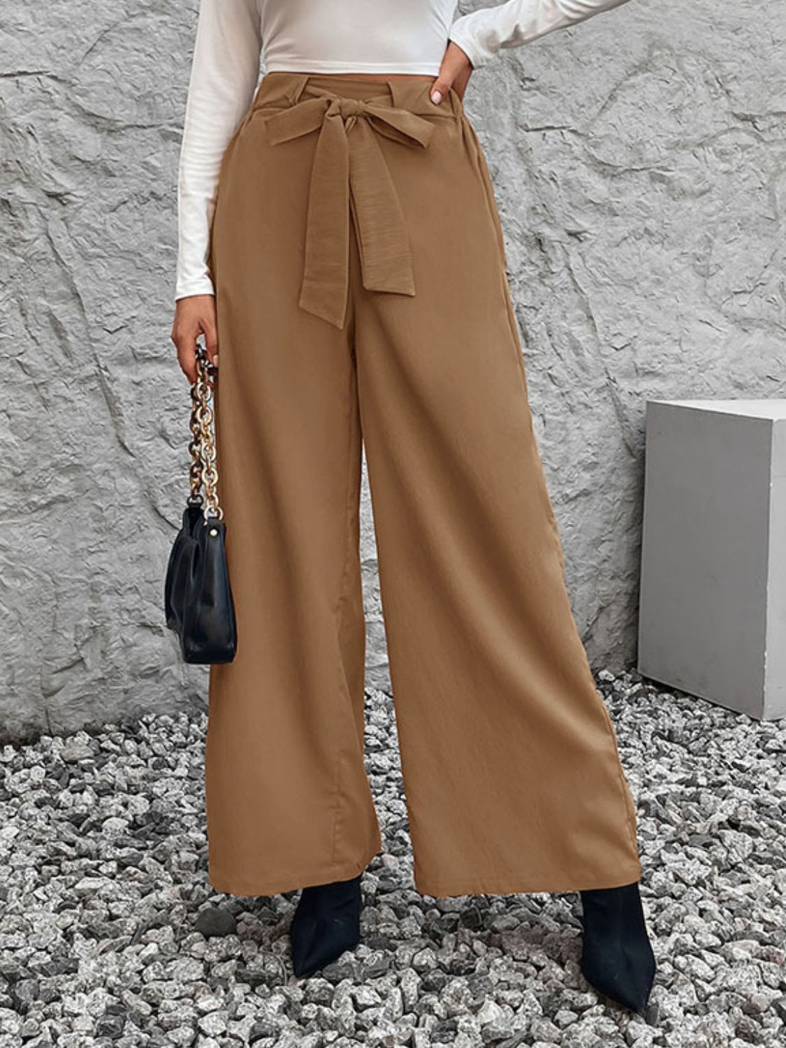 Blue Zone Planet | Perfee Tied High Waist Wide Leg Pants-BOTTOMS SIZES SMALL MEDIUM LARGE-[Adult]-[Female]-Caramel-S-2022 Online Blue Zone Planet