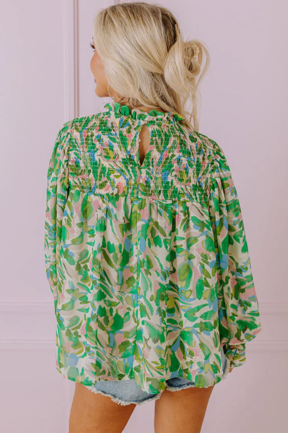 Blue Zone Planet | Green Leafy Printed Flounce Sleeve Shirred Mock Neck Blouse-Tops/Blouses & Shirts-[Adult]-[Female]-2022 Online Blue Zone Planet