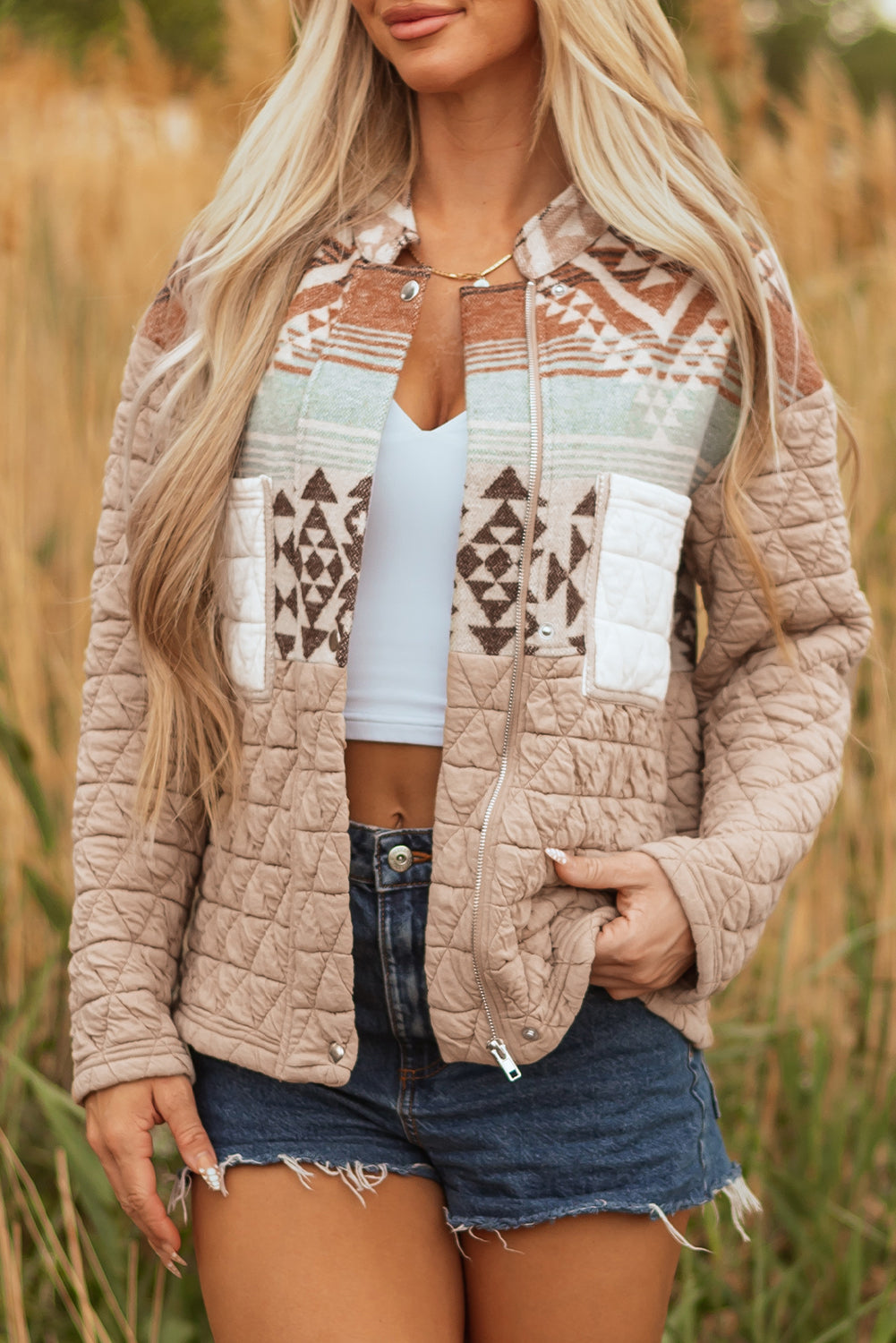 Light French Beige Aztec Quilted Patchwork Western Fashion Jacket-Outerwear/Jackets-[Adult]-[Female]-2022 Online Blue Zone Planet