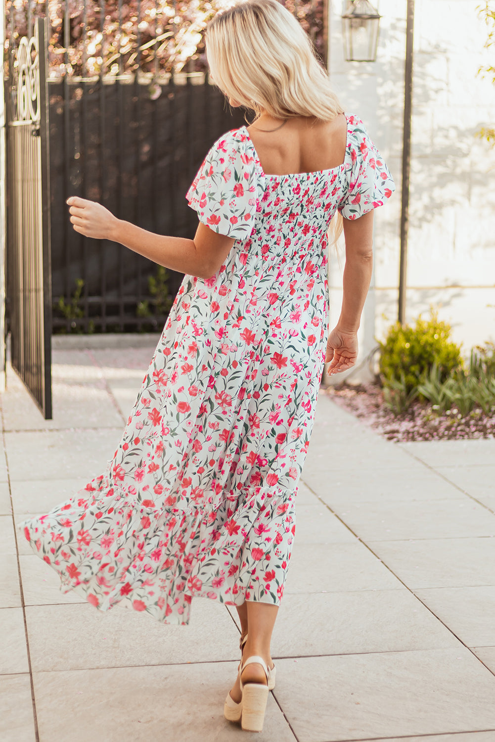 Pink Floral Puff Sleeve Square Neck Empire Waist Tiered Maxi Dress-Dresses/Floral Dresses-[Adult]-[Female]-2022 Online Blue Zone Planet