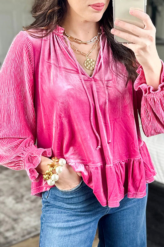 Strawberry Pink V Neck Velvet Ruffled Cuffs Hem Long Sleeve Top-Tops/Long Sleeve Tops-[Adult]-[Female]-Strawberry Pink-S-2022 Online Blue Zone Planet