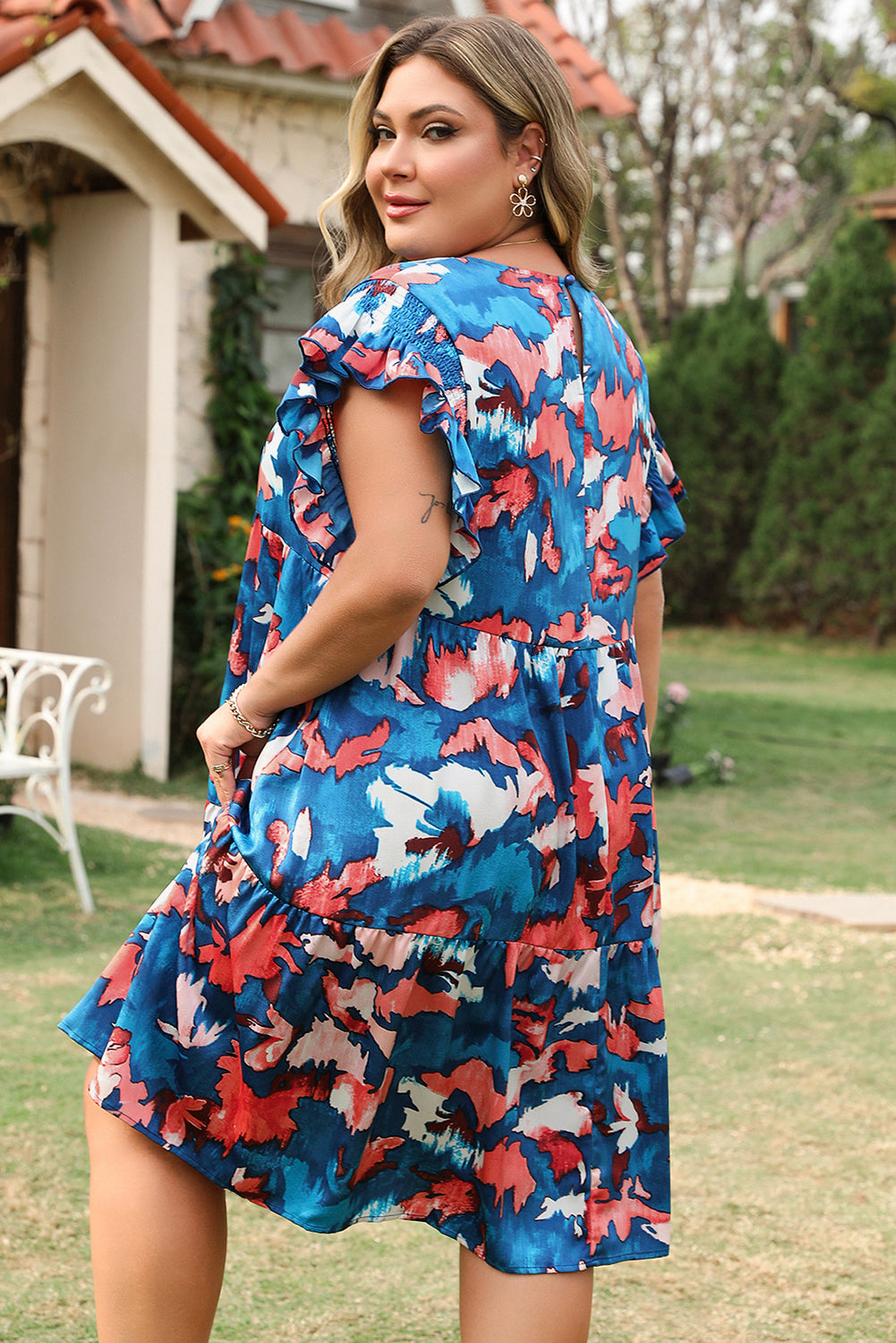 Blue Abstract Print Shirred Ruffled Short Sleeve Tiered Plus Size Mini Dress-TOPS / DRESSES-[Adult]-[Female]-2022 Online Blue Zone Planet