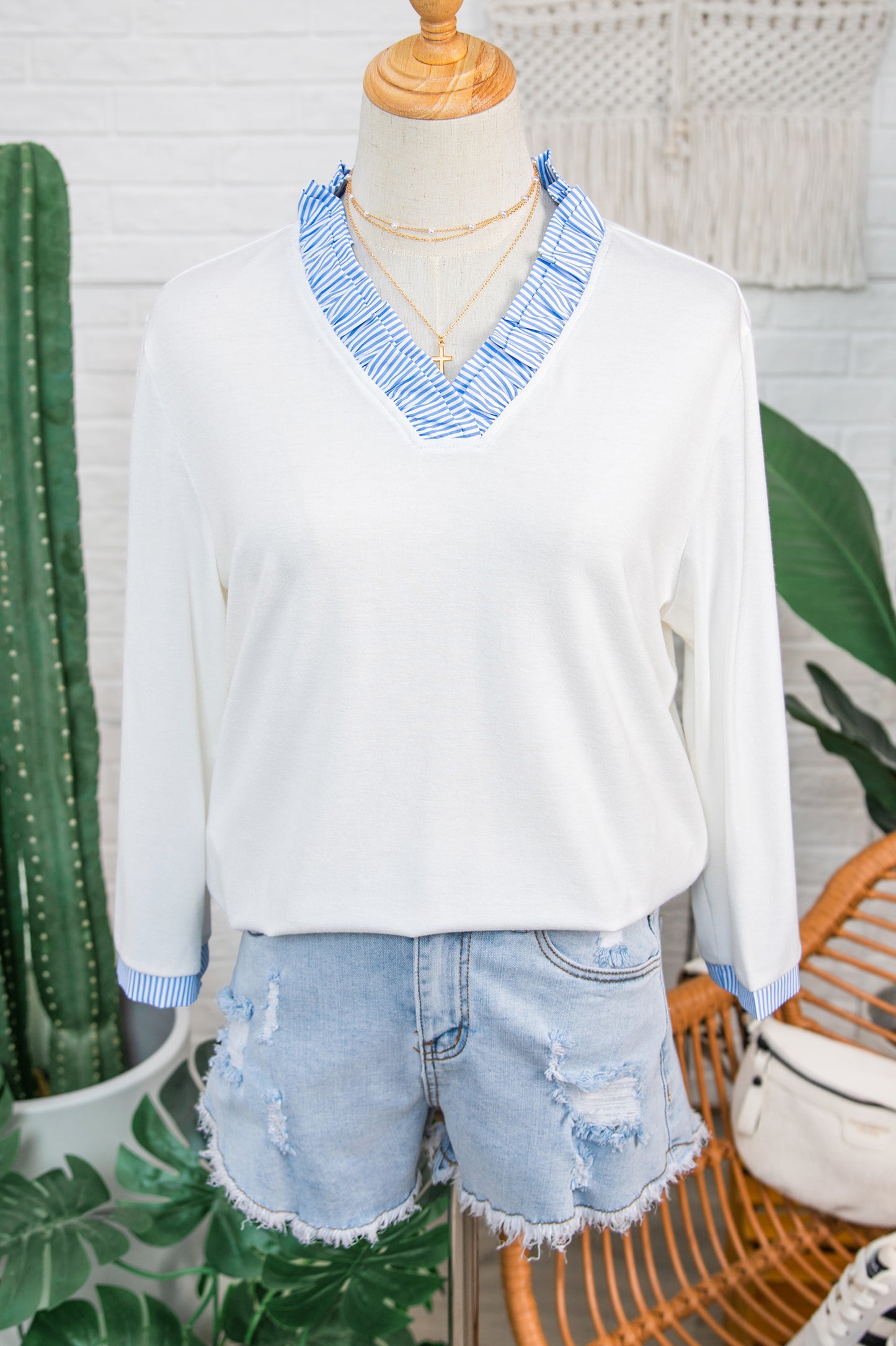 White Striped Patchwork V Neck 3/4 Sleeve Blouse-Tops/Blouses & Shirts-[Adult]-[Female]-2022 Online Blue Zone Planet