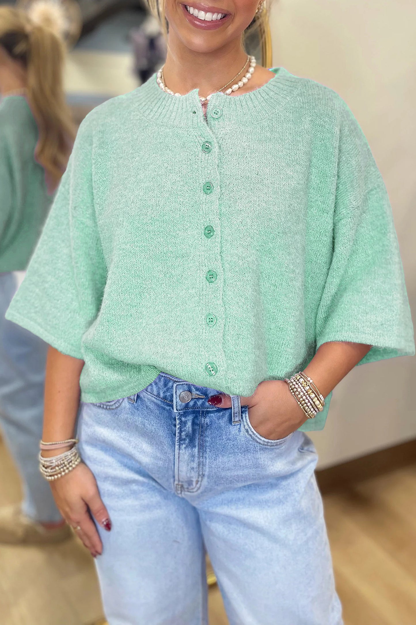 Peach Blossom 3/4 Sleeve Boxy Knit Button Down Sweater Cardigan-TOPS / DRESSES-[Adult]-[Female]-Moonlight Jade-S-2022 Online Blue Zone Planet
