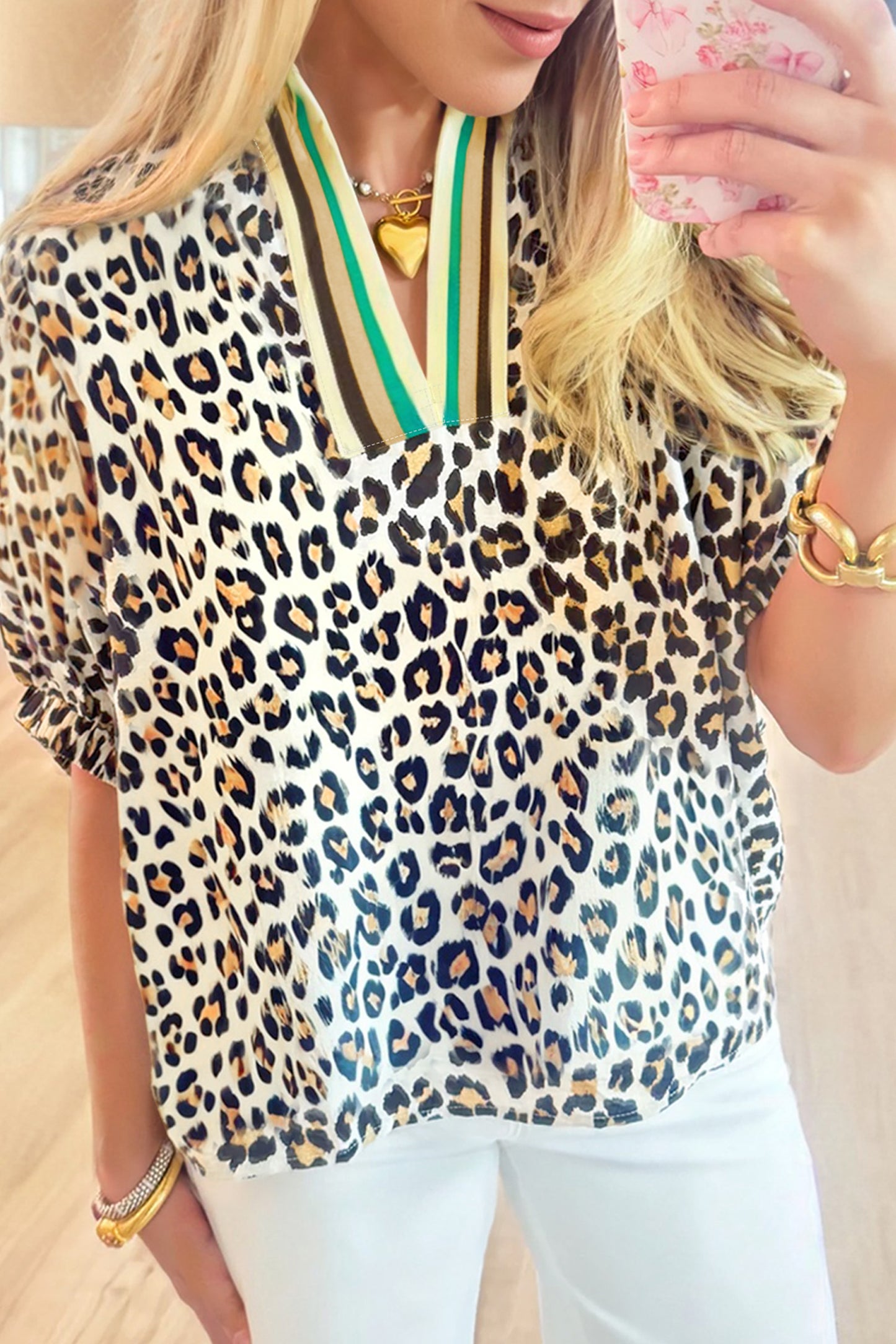 Khaki Leopard Color Block Contrast Striped V Neck Half Sleeve Loose Fit Blouse-Tops/Blouses & Shirts-[Adult]-[Female]-2022 Online Blue Zone Planet