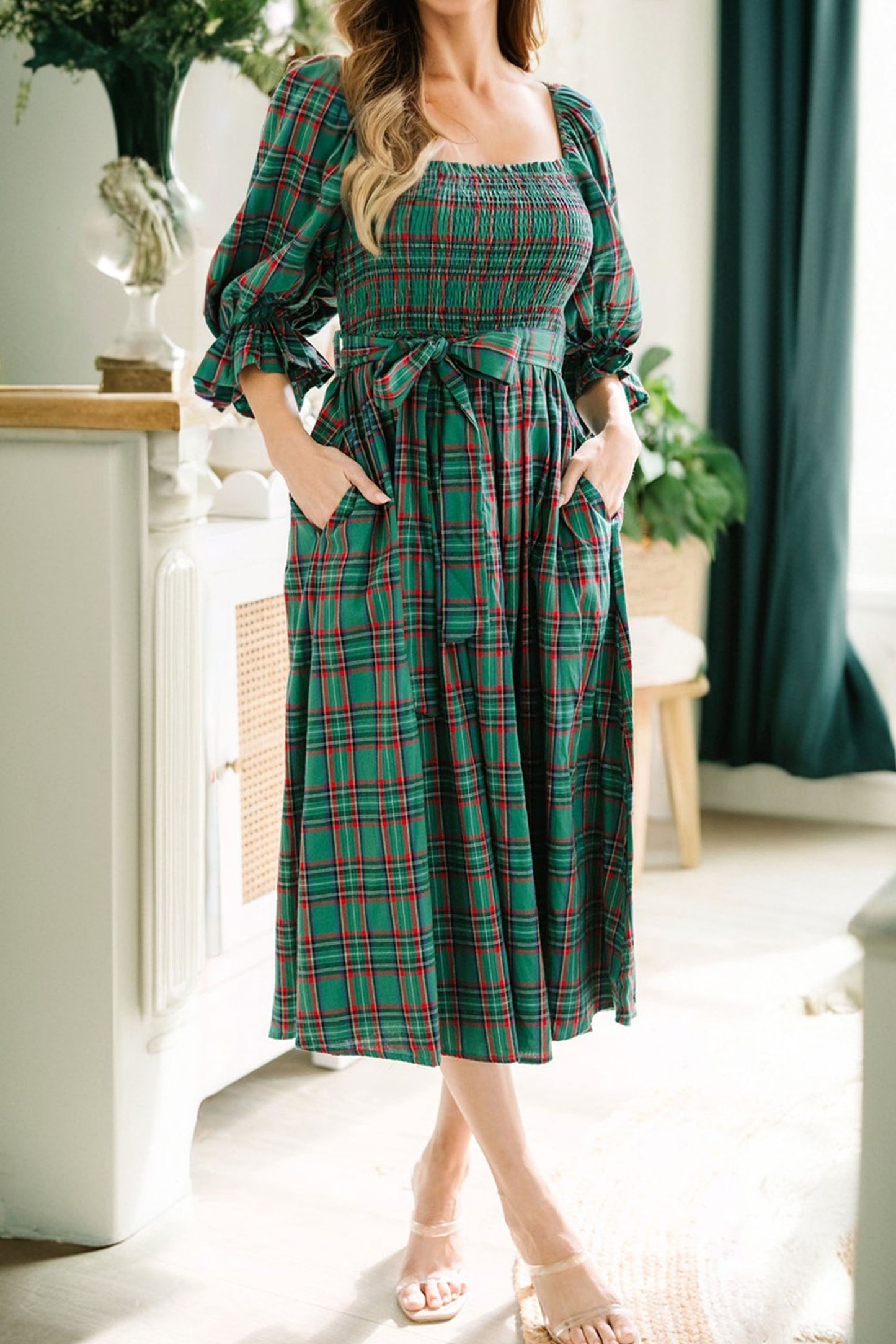 Green Tartan Plaid Square Neck Puff Sleeve Knot Waist Flared Midi Dress-TOPS / DRESSES-[Adult]-[Female]-2022 Online Blue Zone Planet