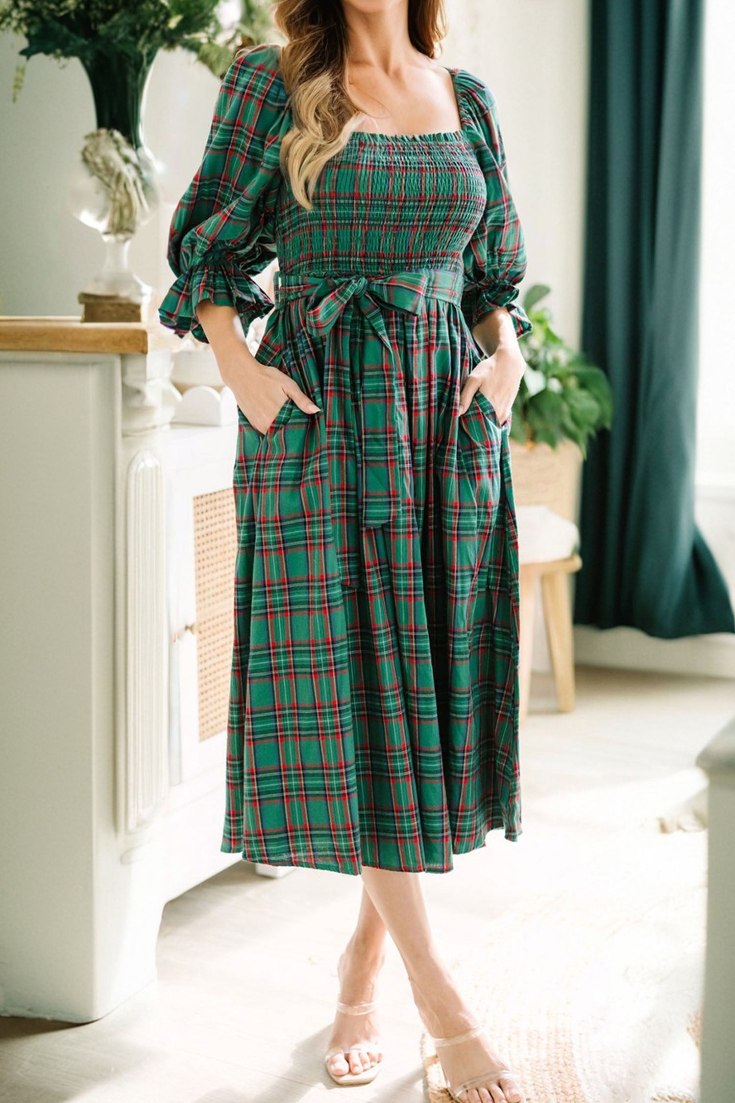 Green Tartan Plaid Square Neck Puff Sleeve Knot Waist Flared Midi Dress-TOPS / DRESSES-[Adult]-[Female]-2022 Online Blue Zone Planet