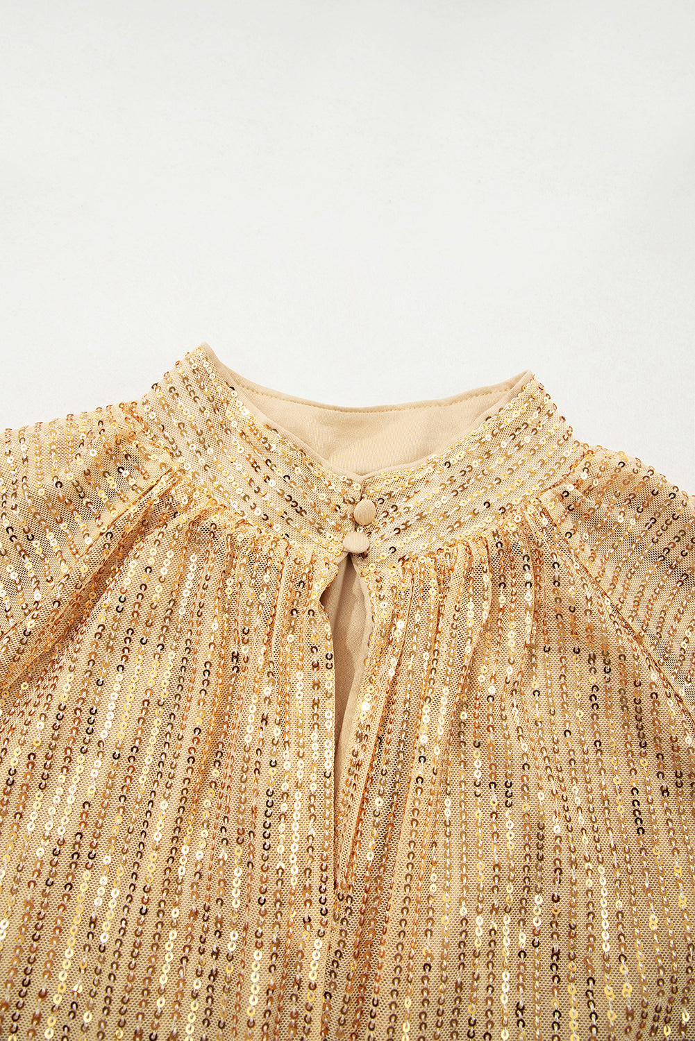 Gold Metallic Balloon Sleeve Buttoned High Neck Loose Blouse-Tops/Blouses & Shirts-[Adult]-[Female]-2022 Online Blue Zone Planet