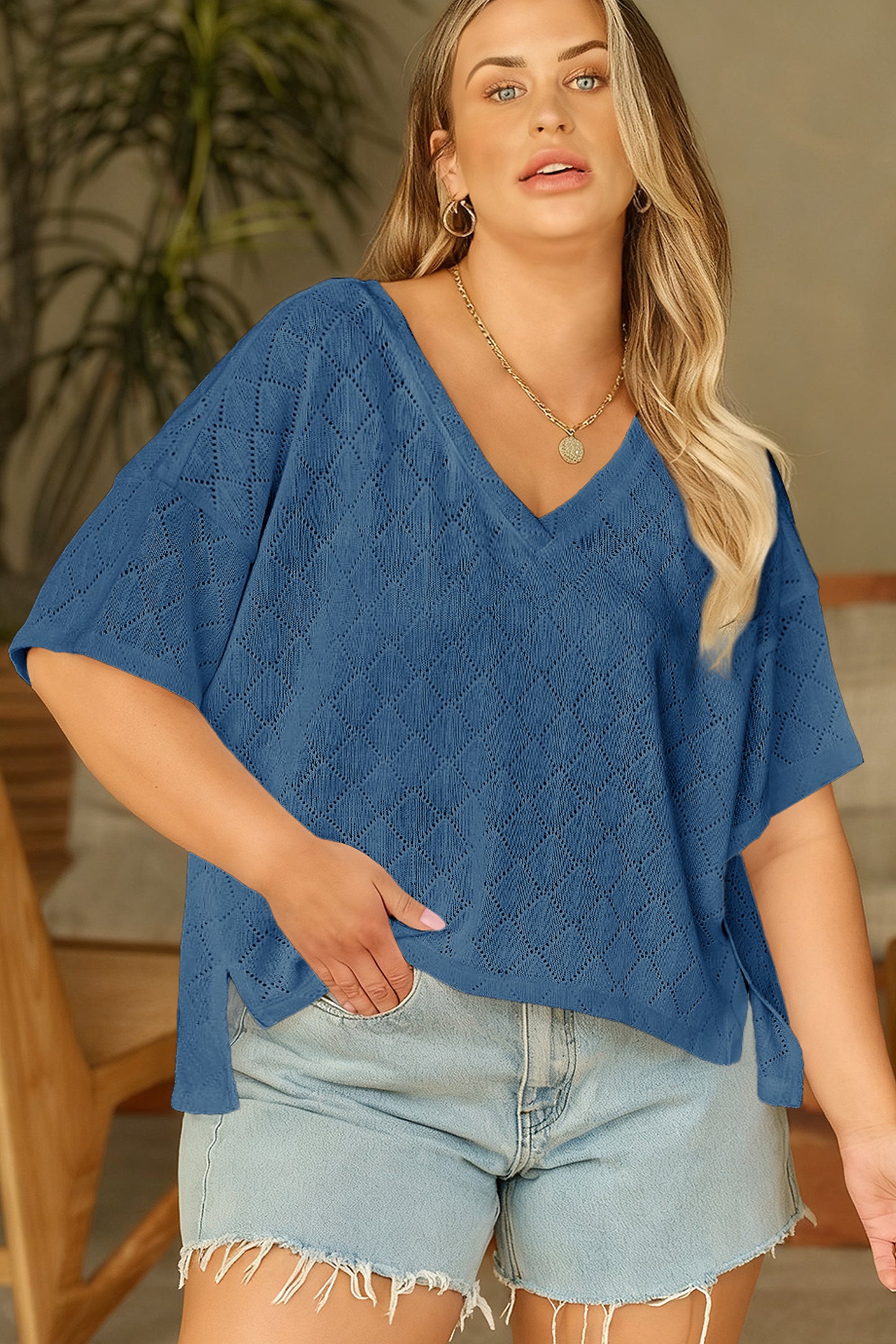 Sky Blue Pointelle Rhombus Knit Plus Size V Neck Loose Top-Plus Size/Plus Size Tops/Plus Size Tops & Tees-[Adult]-[Female]-2022 Online Blue Zone Planet