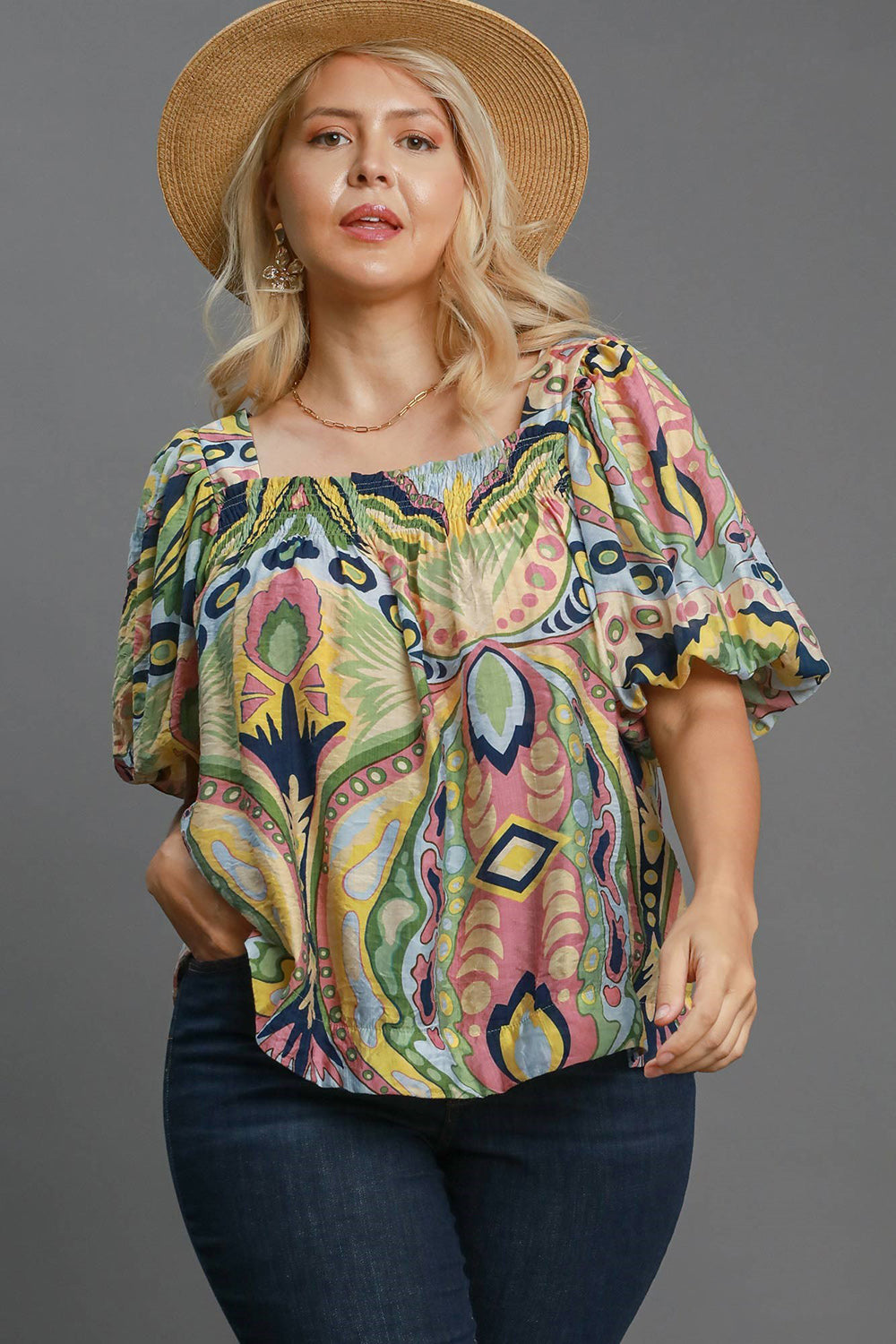 Umgee Full Size Abstract Print Smocked Square Neck Puff Sleeve Blouse-TOPS / DRESSES-[Adult]-[Female]-2022 Online Blue Zone Planet