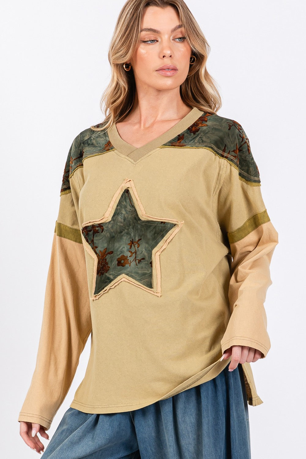 Blue Zone Planet | SAGE + FIG Star Patch Long Sleeve Color Block T-Shirt-TOPS / DRESSES-[Adult]-[Female]-2022 Online Blue Zone Planet