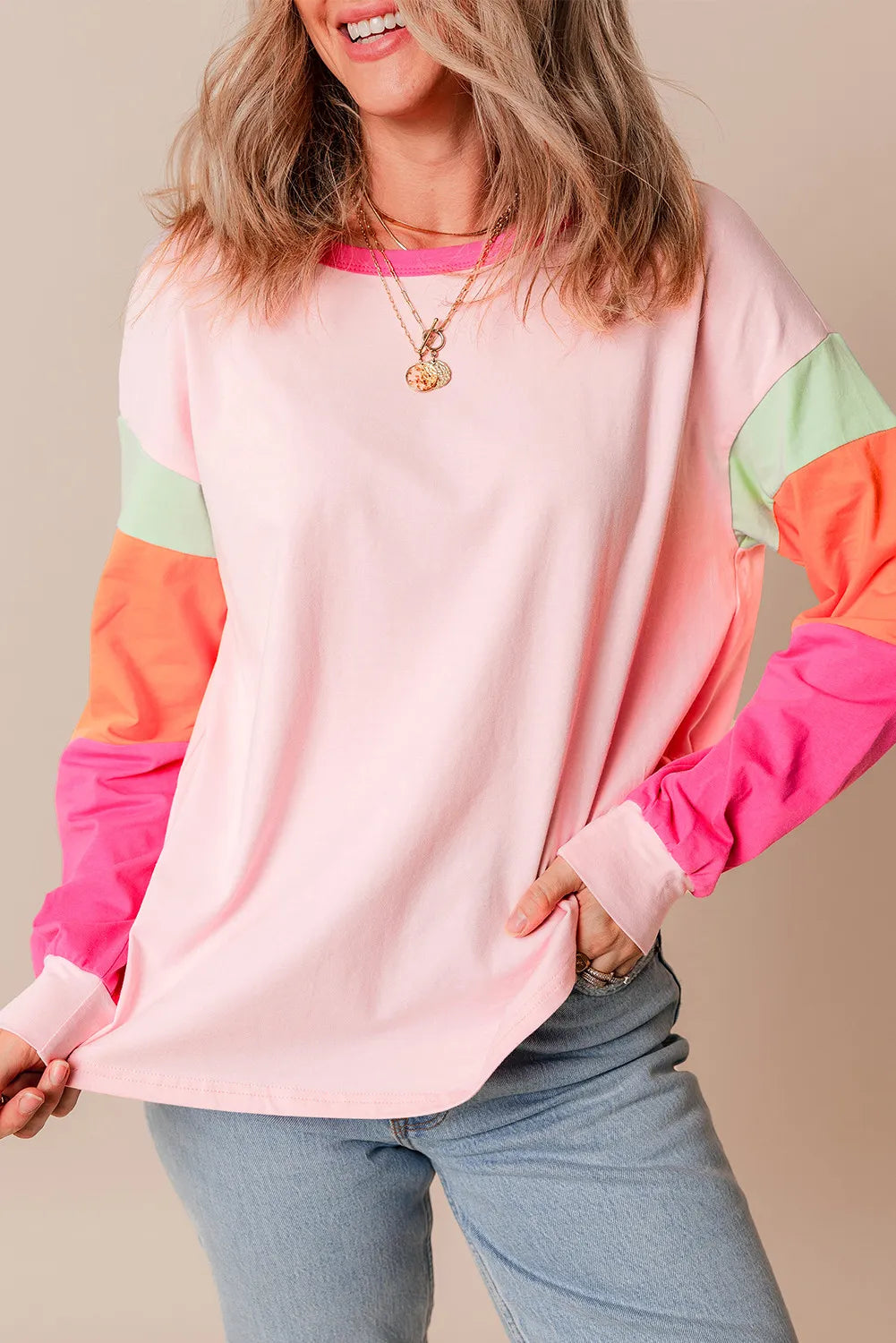 Blue Zone Planet | Color Block Round Neck Long Sleeve Top-TOPS / DRESSES-[Adult]-[Female]-Blush Pink-S-2022 Online Blue Zone Planet