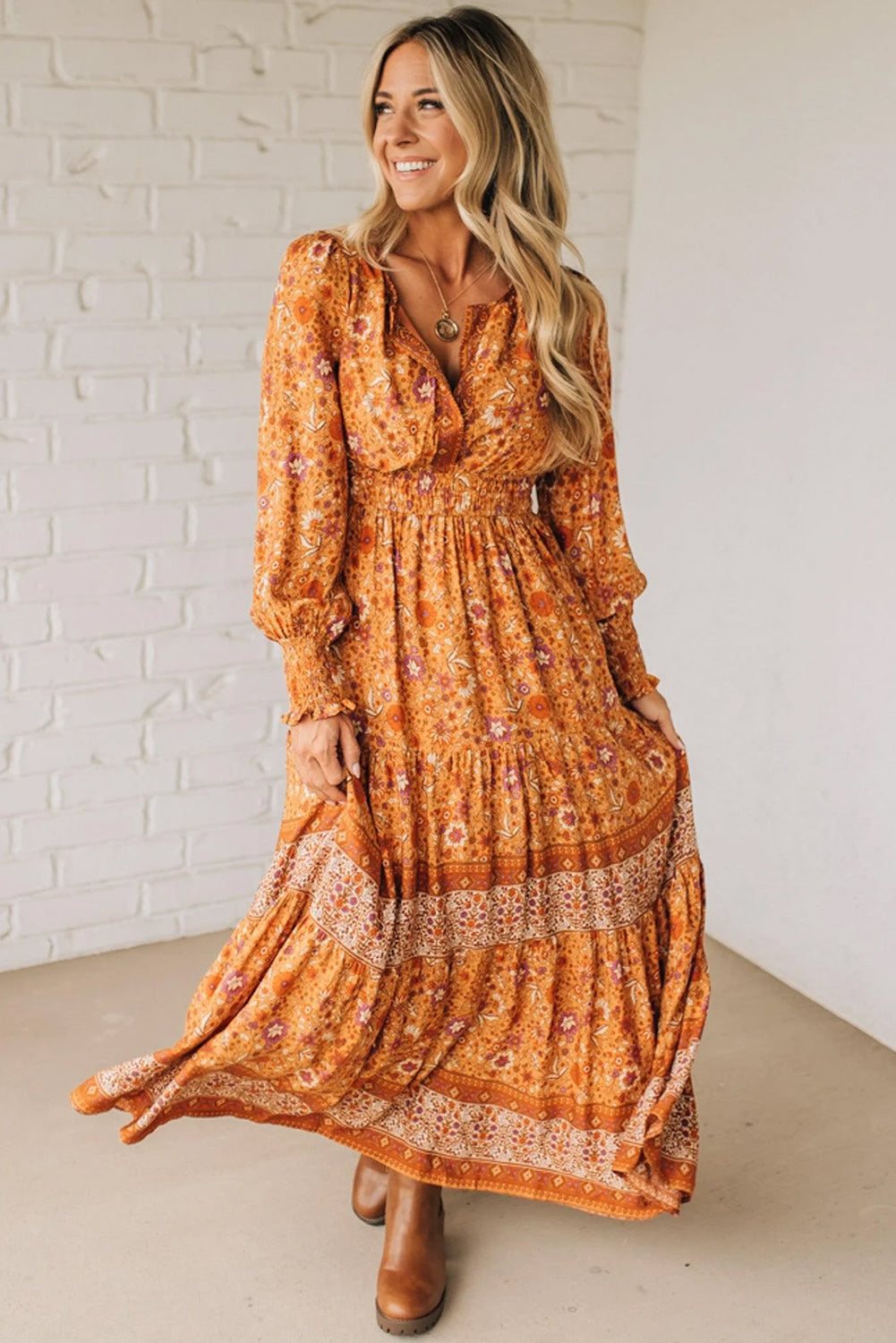Orange Floral Print Smocked Waist Long Sleeve Boho Maxi Dress-Dresses/Floral Dresses-[Adult]-[Female]-2022 Online Blue Zone Planet