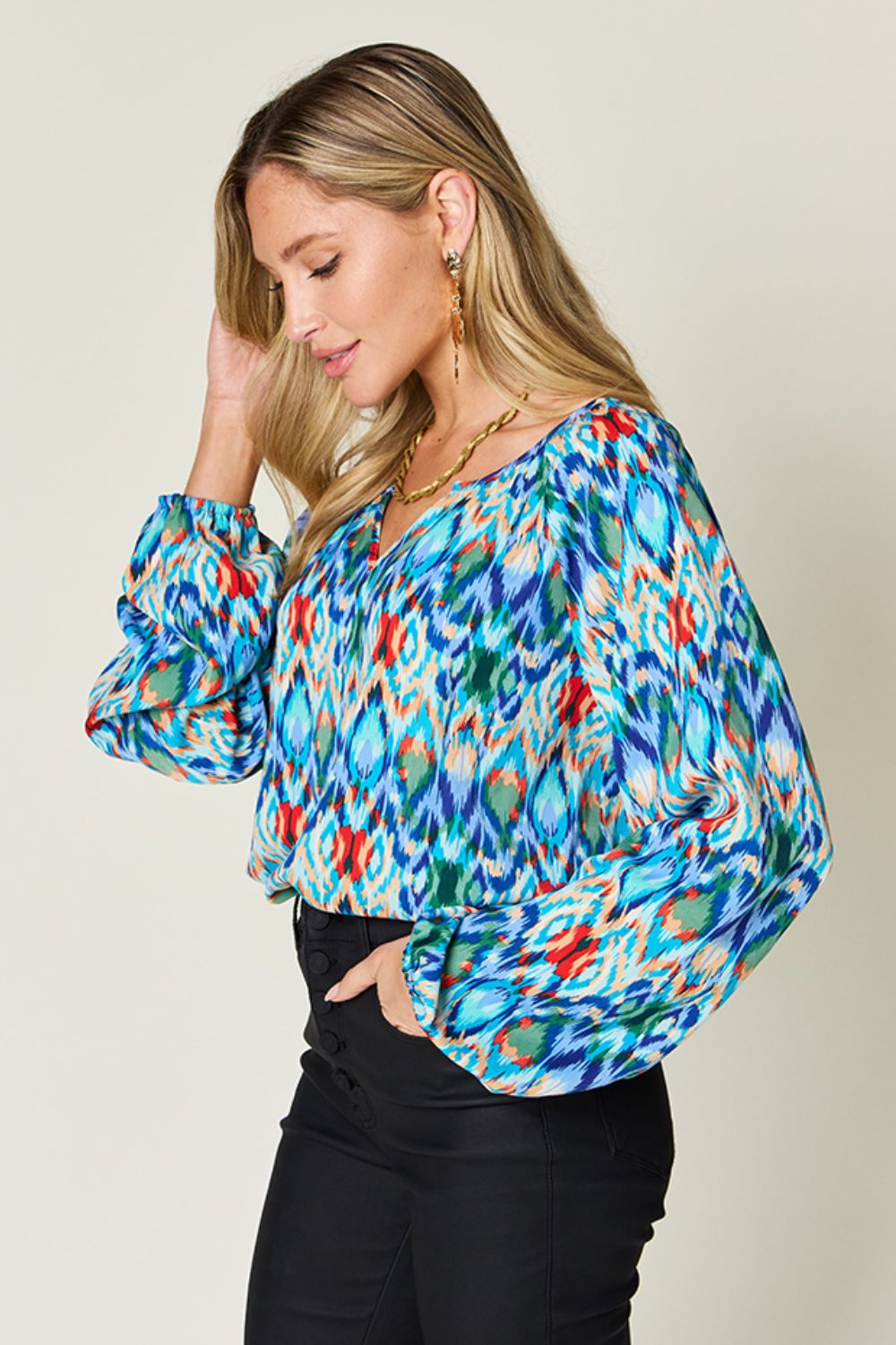 Blue Zone Planet | Double Take Full Size Printed Balloon Sleeve Blouse-TOPS / DRESSES-[Adult]-[Female]-2022 Online Blue Zone Planet