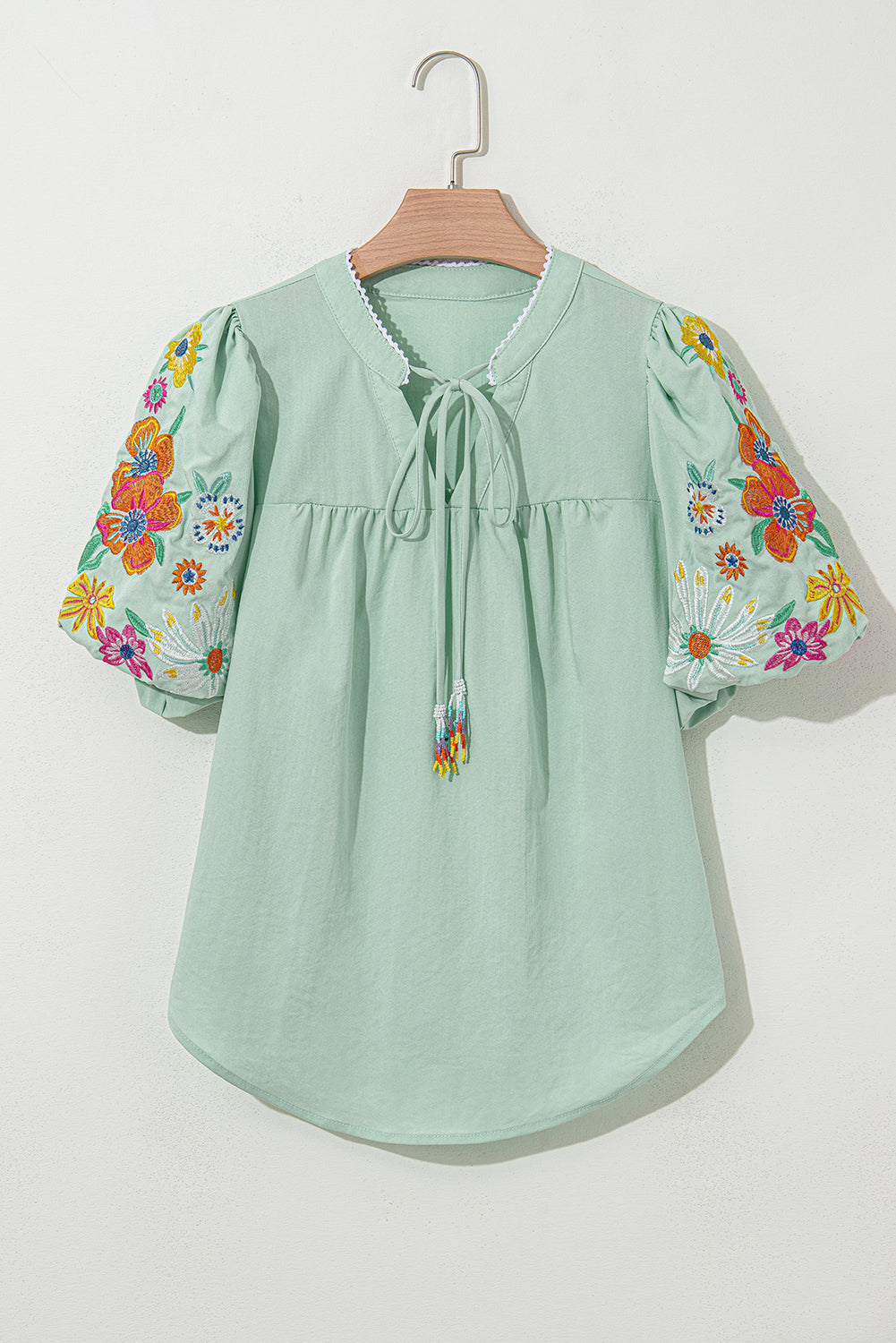 Clearly Aqua Floral Embroidered Puff Sleeve Split Neck Blouse-Tops/Blouses & Shirts-[Adult]-[Female]-2022 Online Blue Zone Planet