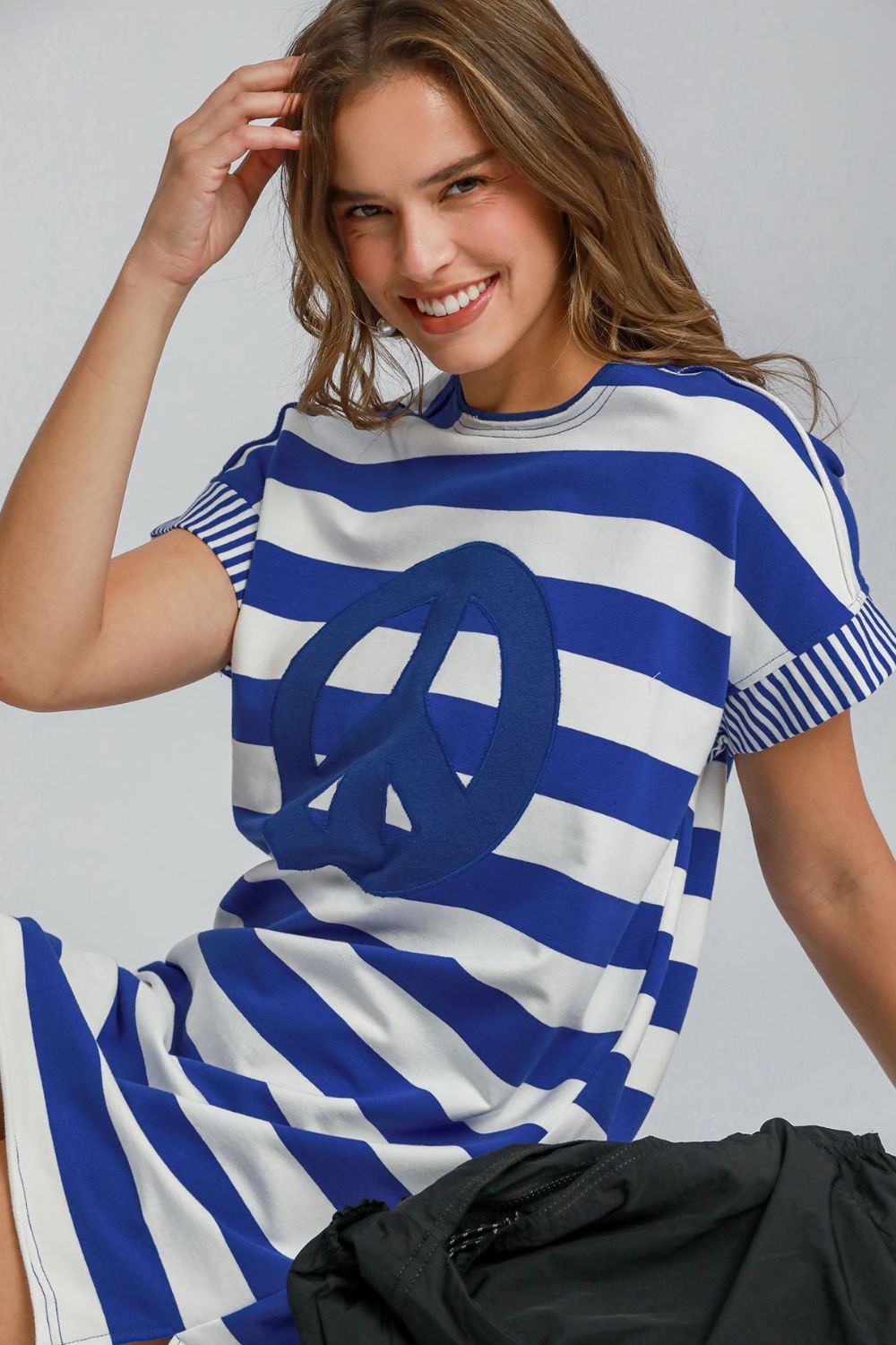 Umgee Peace Applique Striped Short Sleeve Mini Dress-TOPS / DRESSES-[Adult]-[Female]-2022 Online Blue Zone Planet
