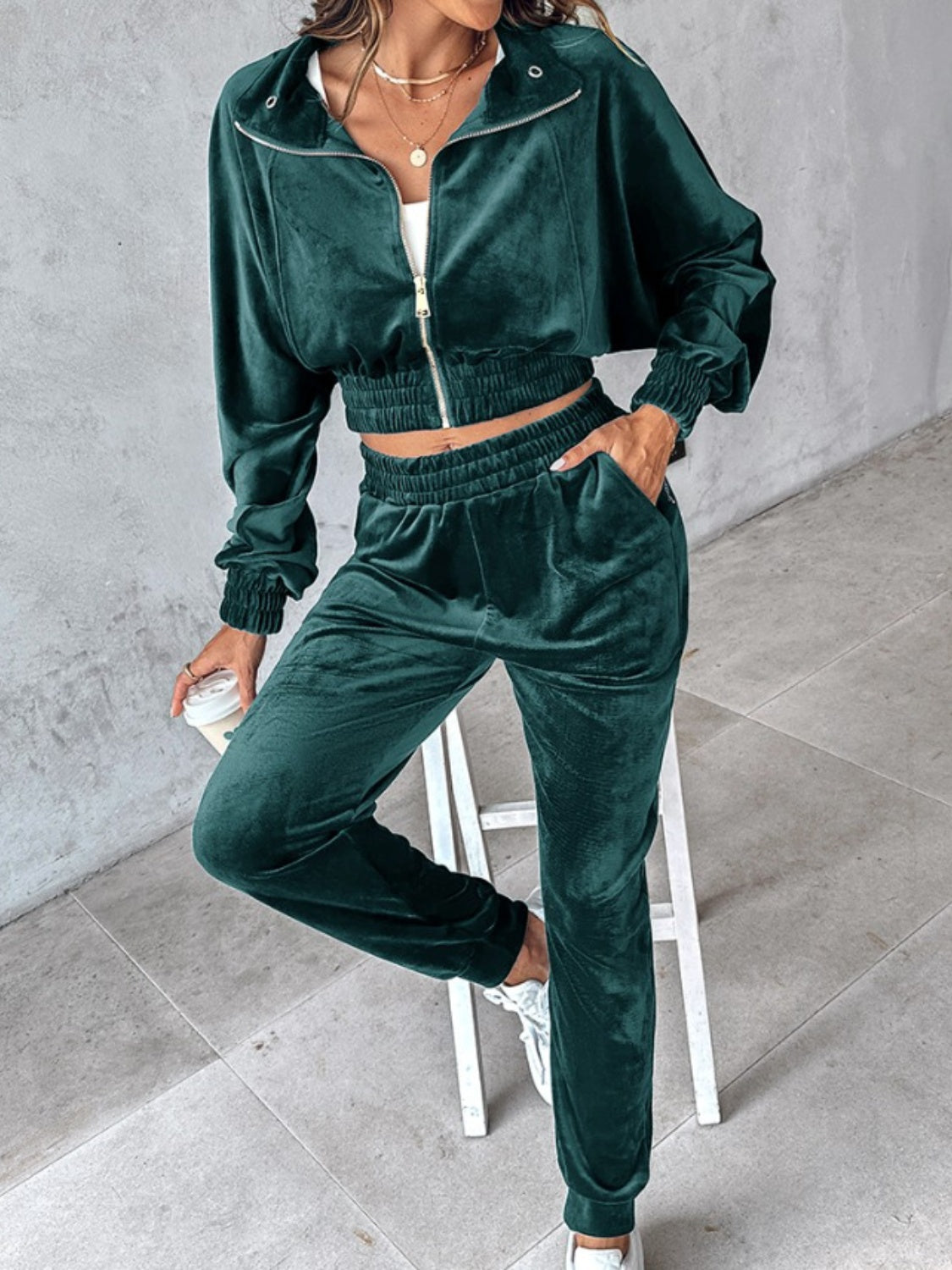 Zip Up Long Sleeve Cropped Top and Joggers Set-BOTTOMS SIZES SMALL MEDIUM LARGE-[Adult]-[Female]-2022 Online Blue Zone Planet