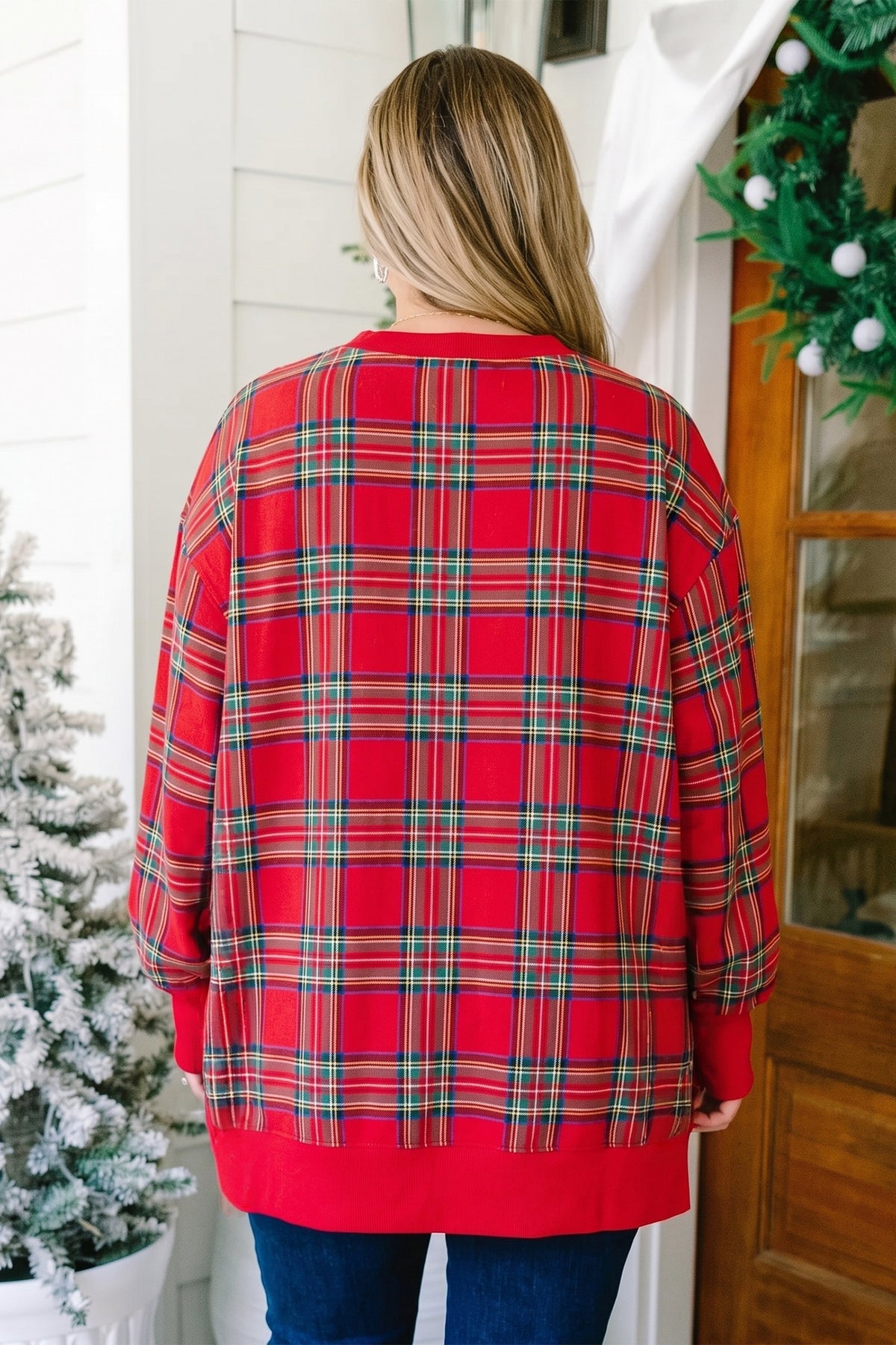 Red Plus Size Festive Plaid Long Sleeve Split Tunic Sweatshirt