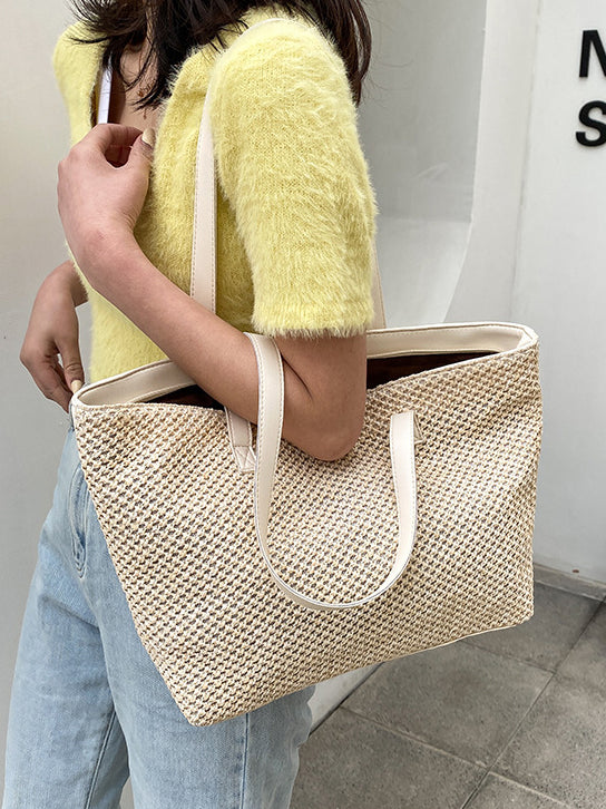 Solid Color Woven Tote Bag-HANDBAGS-[Adult]-[Female]-2022 Online Blue Zone Planet