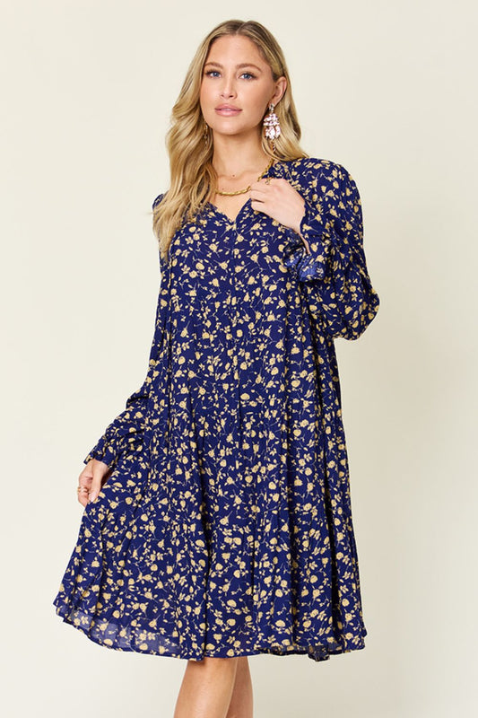 Double Take Full Size Printed Ruffle Hem Long Sleeve Tiered Dress-TOPS / DRESSES-[Adult]-[Female]-Dark Blue-S-2022 Online Blue Zone Planet