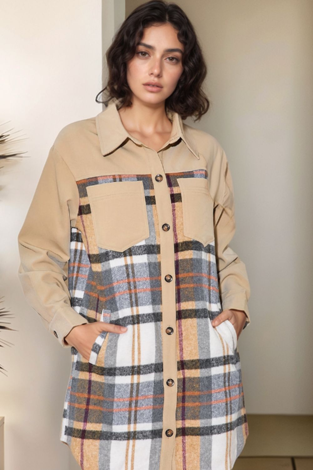 Blue Zone Planet | Pocketed Plaid Long Sleeve Mini Shirt Dress-TOPS / DRESSES-[Adult]-[Female]-Khaki-S-2022 Online Blue Zone Planet