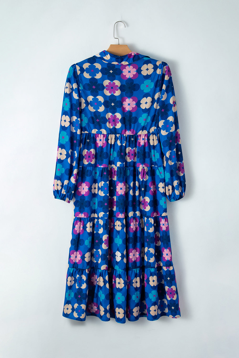 Blue Floral Peasant Sleeve Tiered Ruffle Midi Dress-Dresses/Midi Dresses-[Adult]-[Female]-2022 Online Blue Zone Planet