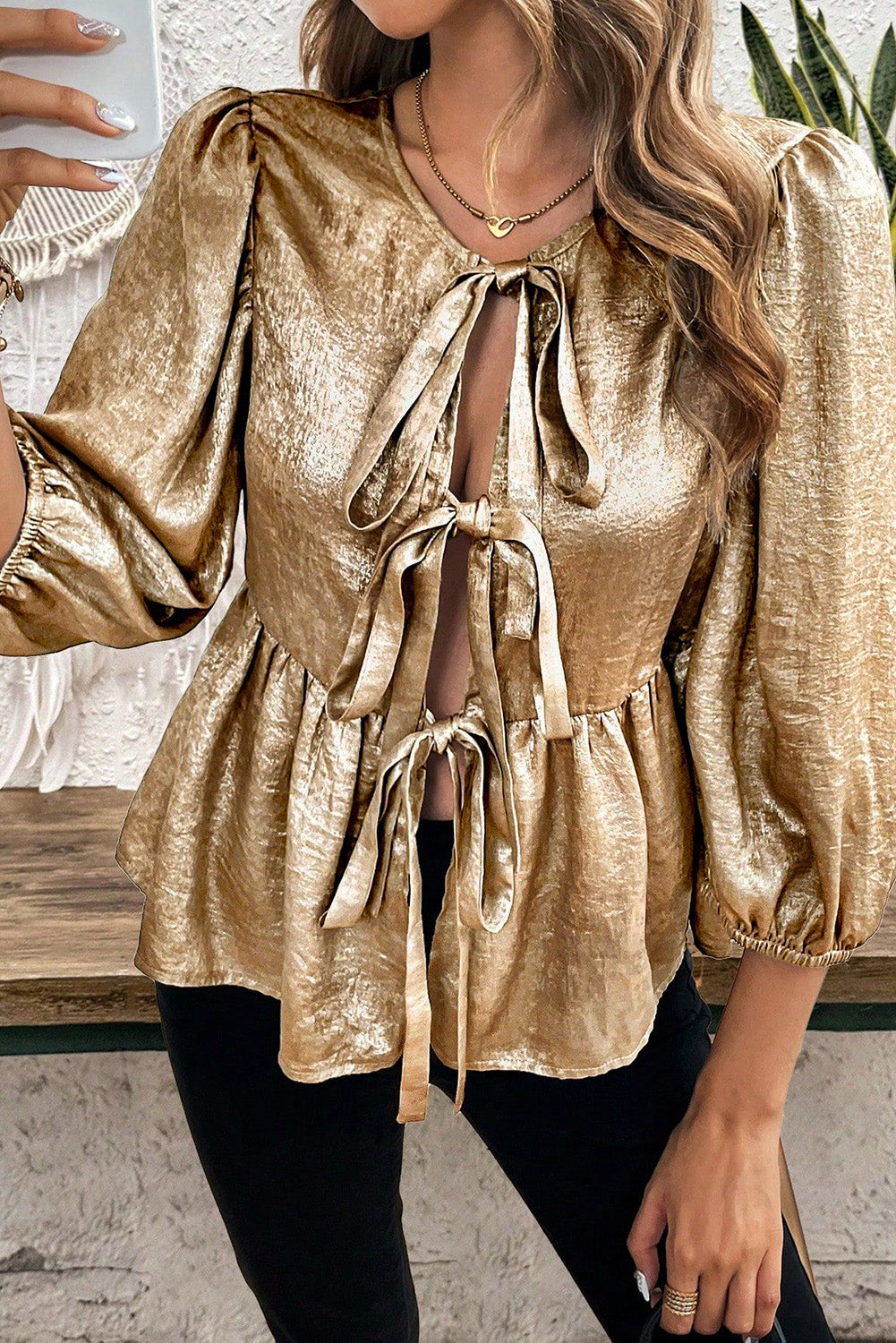 Tied Peplum Three-Quarter Sleeve Blouse-TOPS / DRESSES-[Adult]-[Female]-Gold-S-2022 Online Blue Zone Planet