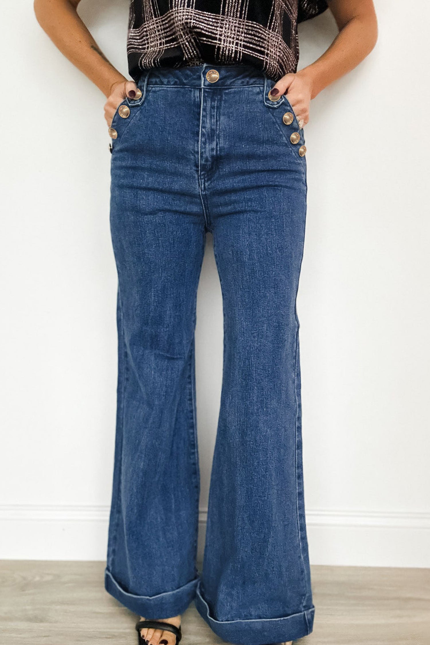 Ashleigh Blue Golden Button Detail Rolled Edge Flare Leg Jeans-Bottoms/Jeans-[Adult]-[Female]-2022 Online Blue Zone Planet