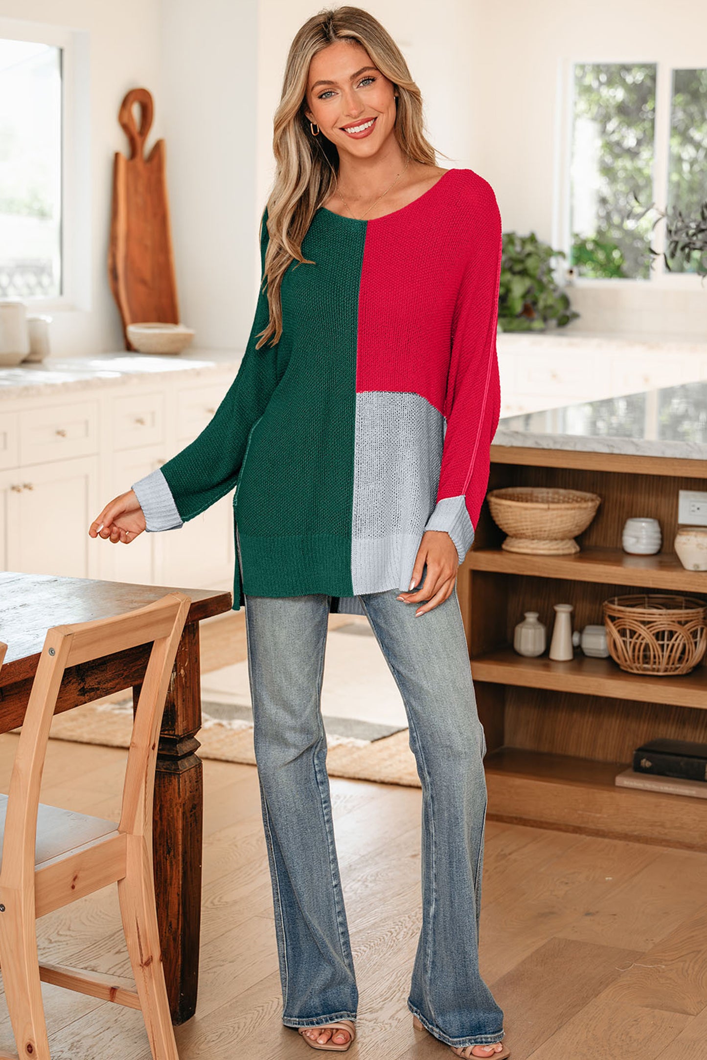 Evergreen Color Block Knit V Neck Loose Sweater-TOPS / DRESSES-[Adult]-[Female]-2022 Online Blue Zone Planet