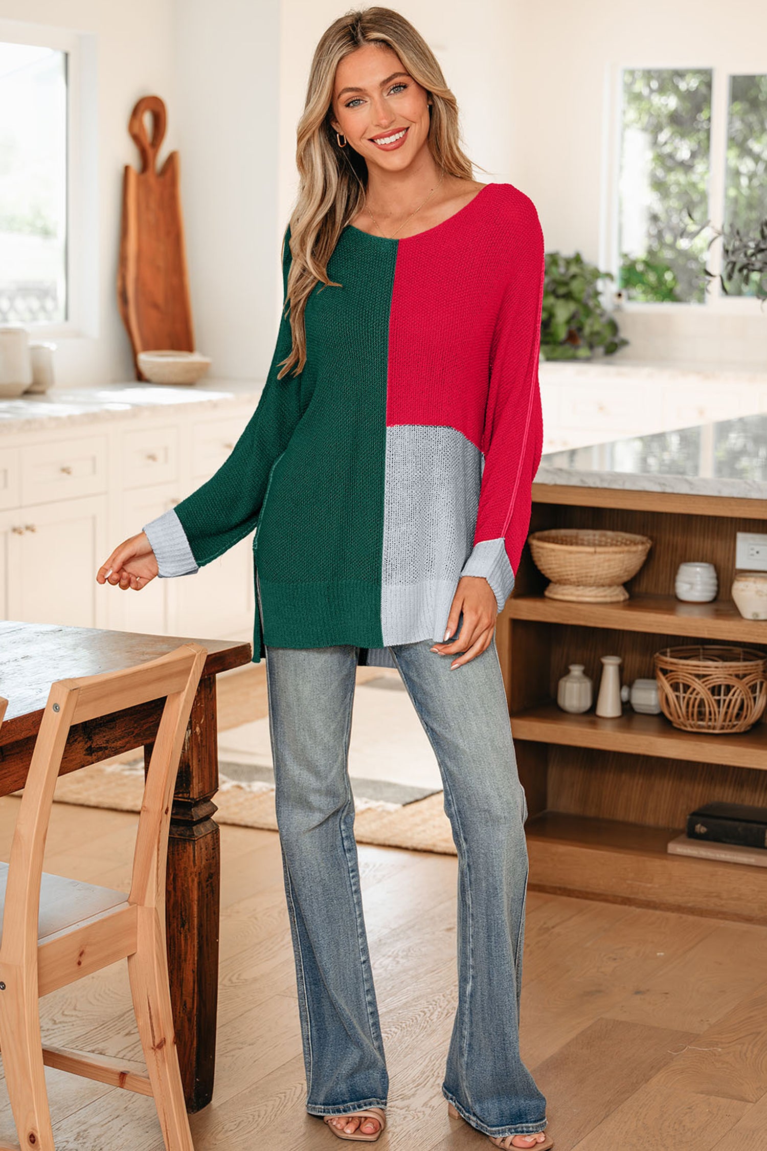 Evergreen Color Block Knit V Neck Loose Sweater-TOPS / DRESSES-[Adult]-[Female]-2022 Online Blue Zone Planet