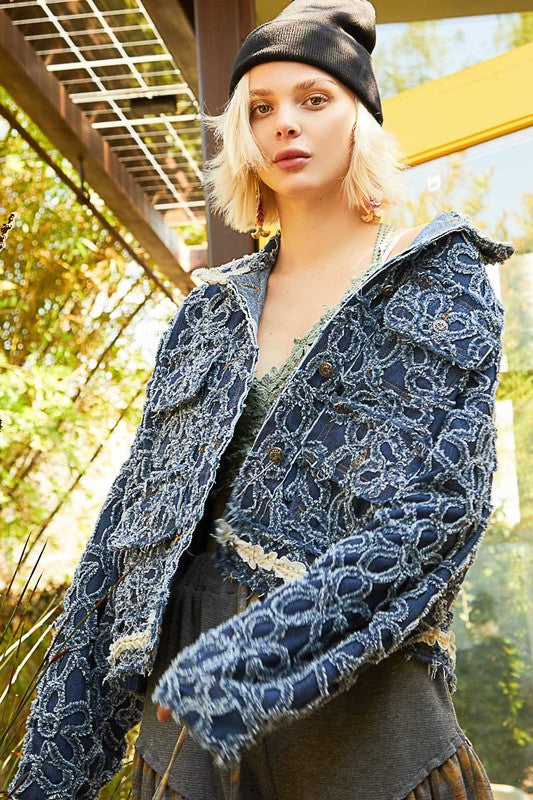 POL Flower Textured Raw Hem Long Sleeve Denim Jacket-TOPS / DRESSES-[Adult]-[Female]-Dark-S-2022 Online Blue Zone Planet