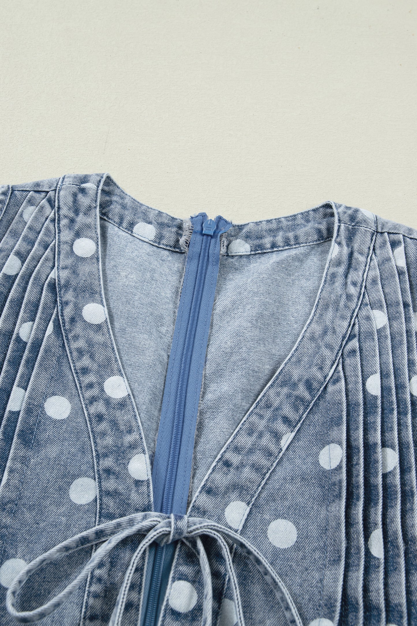 Sky Blue Polka Dot Print Tie V Neck Pleated Loose Denim Romper-Bottoms/Jumpsuits & Rompers-[Adult]-[Female]-2022 Online Blue Zone Planet