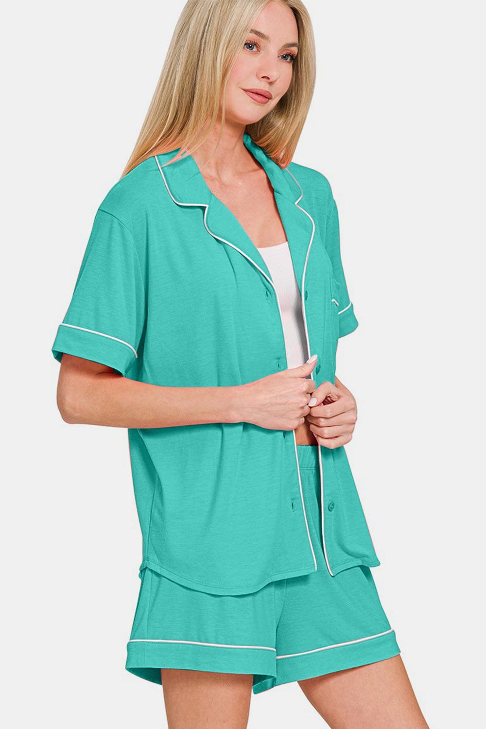 Blue Zone Planet | Zenana Button Down Short Sleeve Top and Shorts Lounge Set-BOTTOM SIZES SMALL MEDIUM LARGE-[Adult]-[Female]-2022 Online Blue Zone Planet