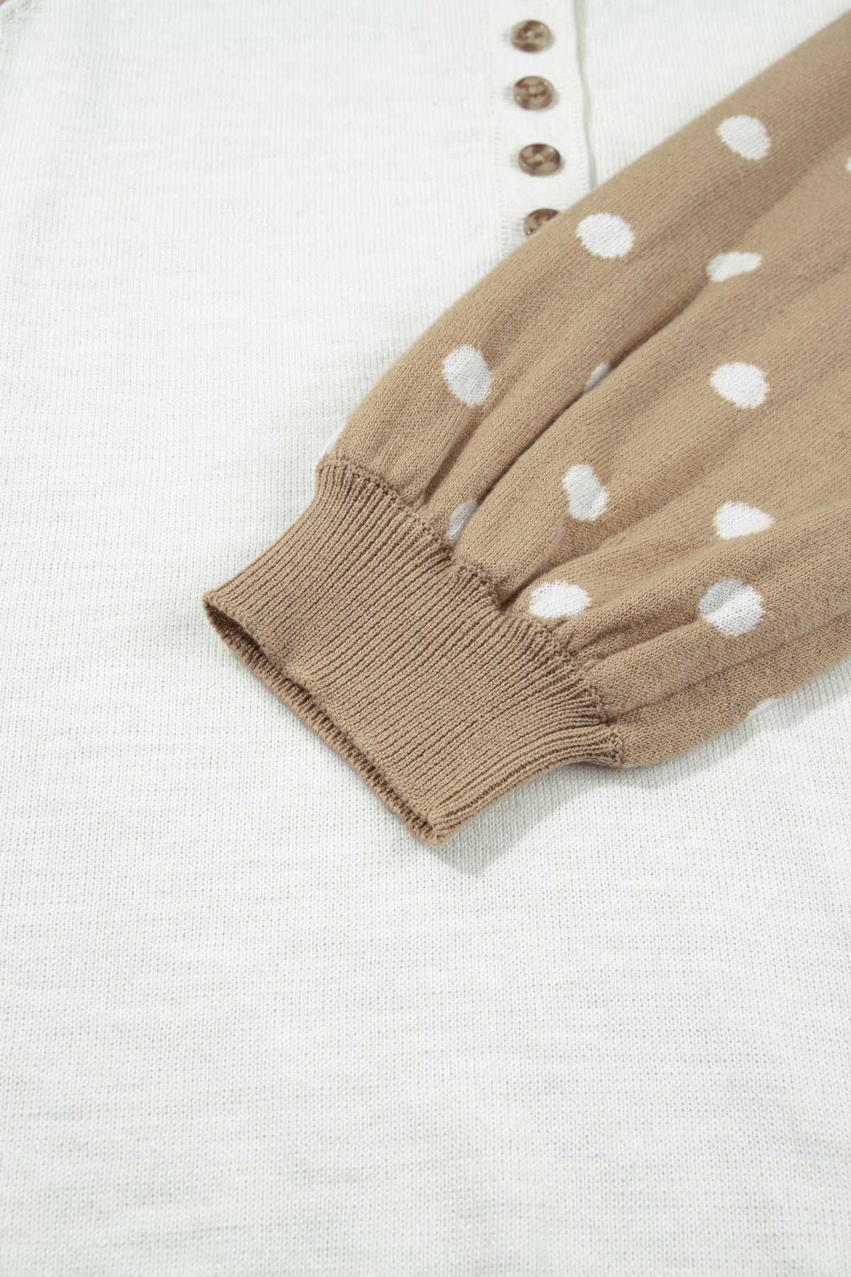 Khaki Polka Dot Contrast Long Sleeve Button V Neck Sweater-Sweaters & Cardigans/Sweaters-[Adult]-[Female]-2022 Online Blue Zone Planet