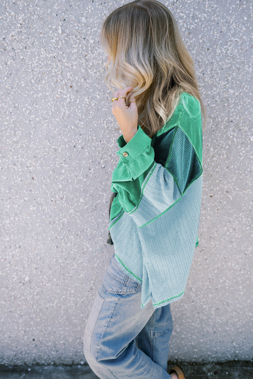 Green Colorblock Stitching Patchwork Buttoned Long Sleeve Top-Tops/Long Sleeve Tops-[Adult]-[Female]-2022 Online Blue Zone Planet