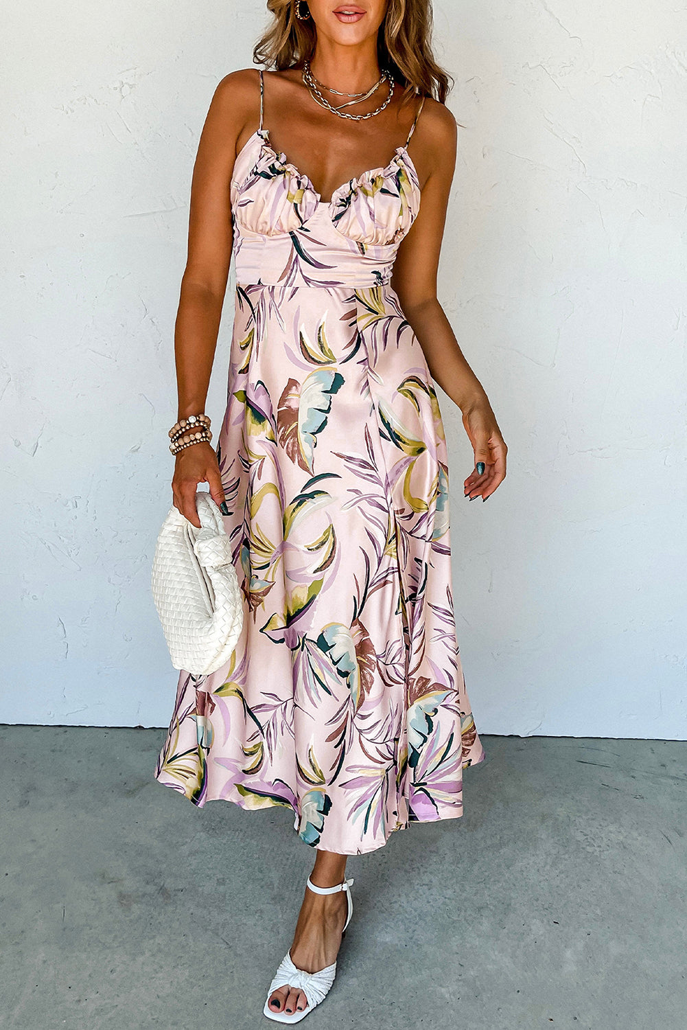 Apricot Tropical Print Spaghetti Straps Cupped Dress-Dresses/Floral Dresses-[Adult]-[Female]-Apricot-S-2022 Online Blue Zone Planet