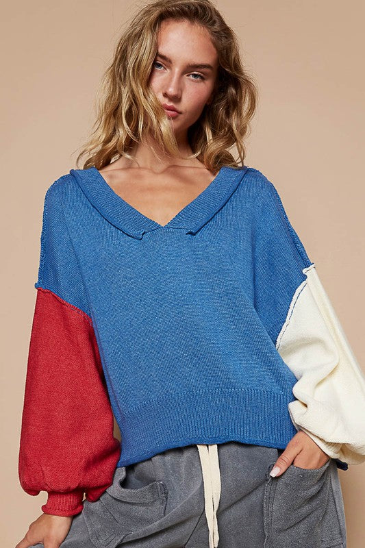 Blue Zone Planet | POL Exposed Seam Contrast V-Neck Lantern Sleeve Sweater-TOPS / DRESSES-[Adult]-[Female]-2022 Online Blue Zone Planet