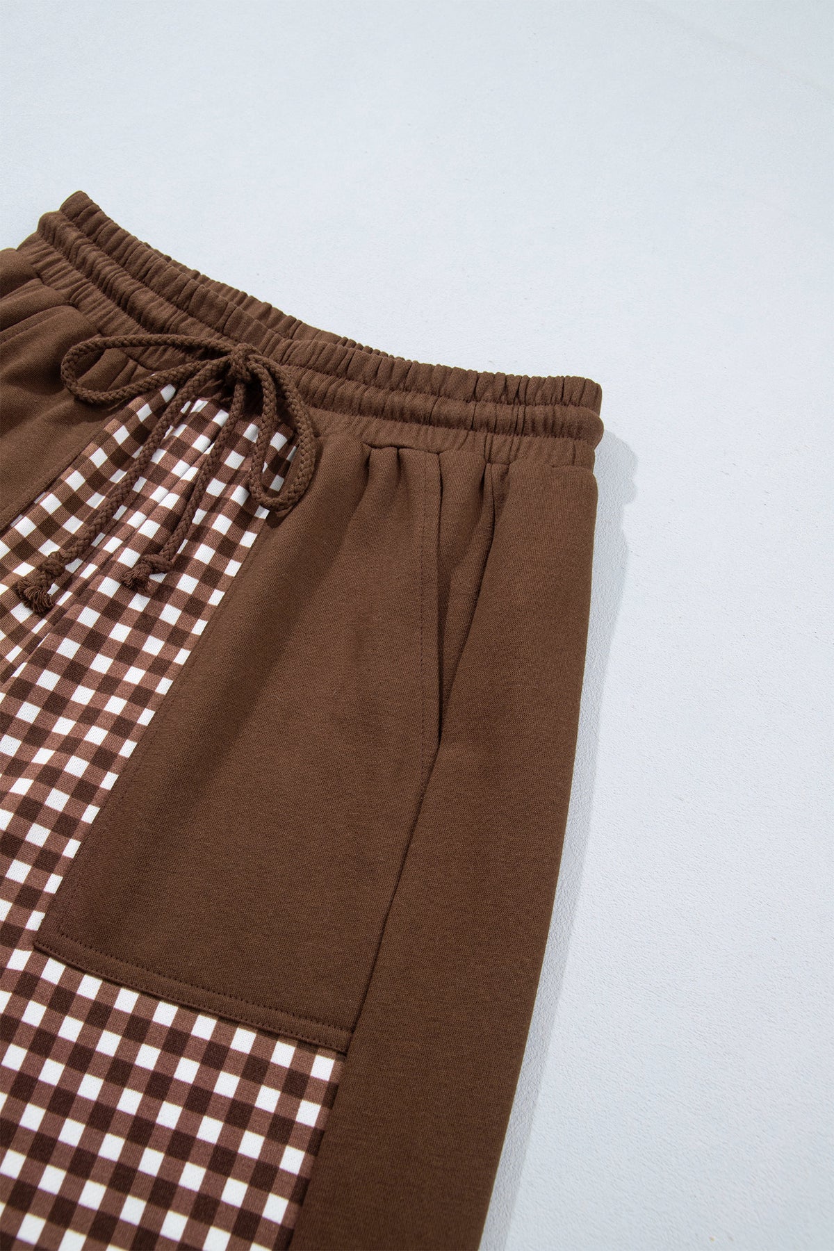 Khaki Color Block Plaid Patchwork Long Sleeve Pullover Wide Leg Pant Set-Two Piece Sets/Pant Sets-[Adult]-[Female]-2022 Online Blue Zone Planet