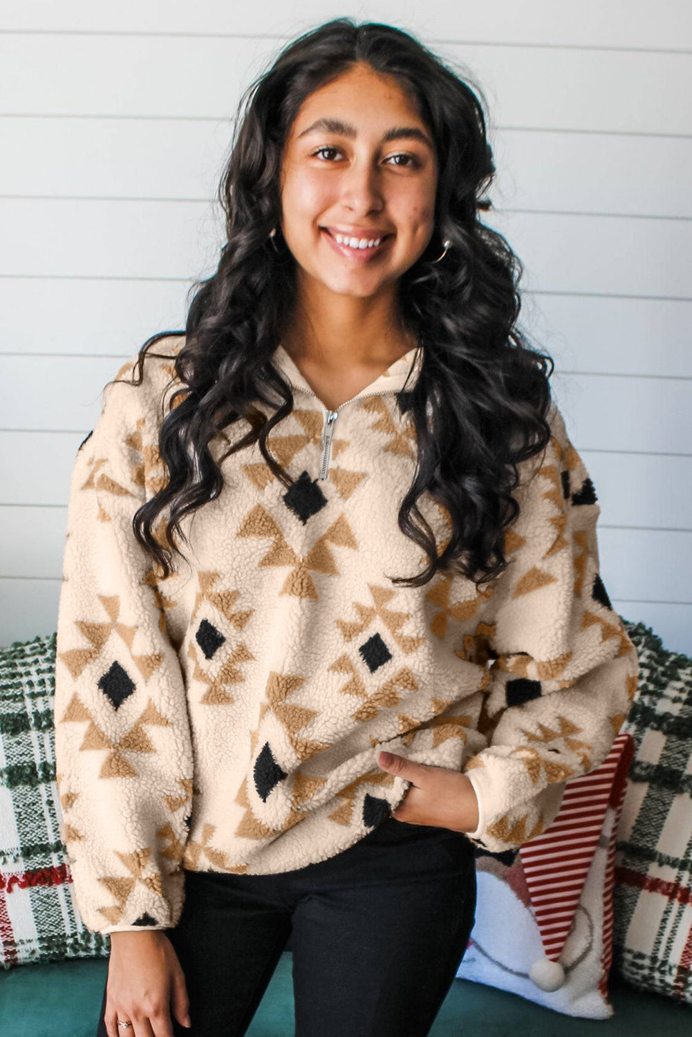 Khaki Aztec Print Sherpa Quarter Zip Collar Sweatshirt-Tops/Sweatshirts & Hoodies-[Adult]-[Female]-2022 Online Blue Zone Planet