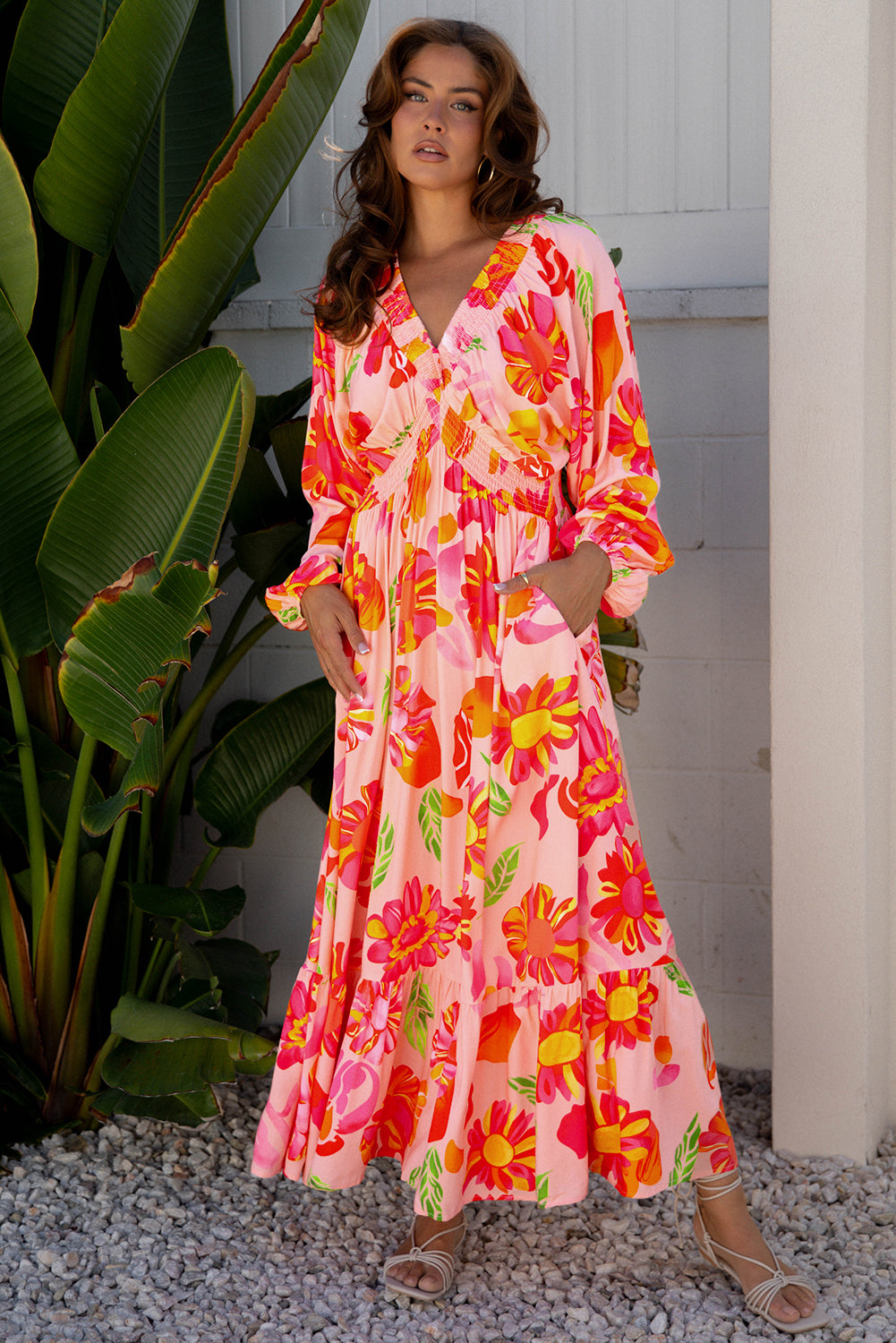 Beige Floral Print Smocked Detail V Neck Puff Sleeve Flowy Maxi Dress-TOPS / DRESSES-[Adult]-[Female]-2022 Online Blue Zone Planet