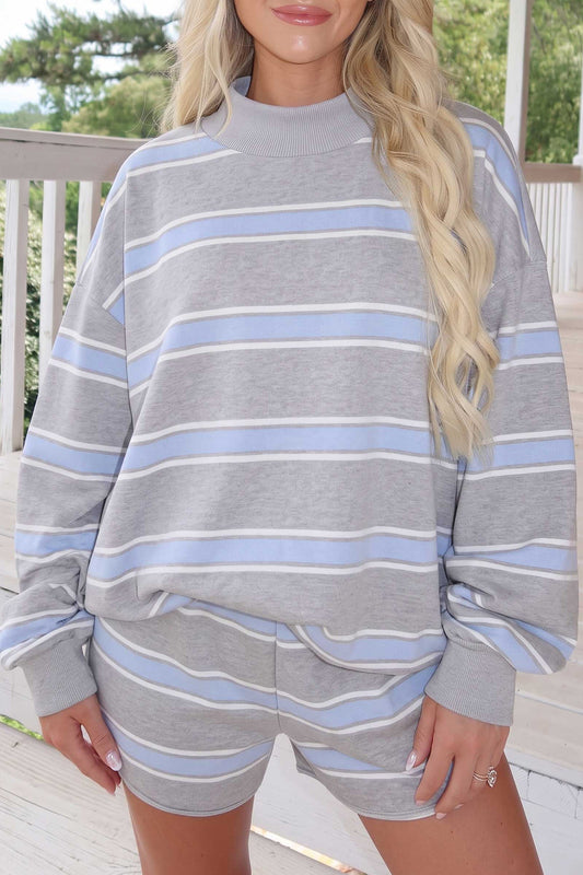 Sky Blue Stripe Exposed Seam Patchwork High Neck Long Sleeve Top and Shorts Set-Two Piece Sets/Short Sets-[Adult]-[Female]-Sky Blue Stripe-S-2022 Online Blue Zone Planet