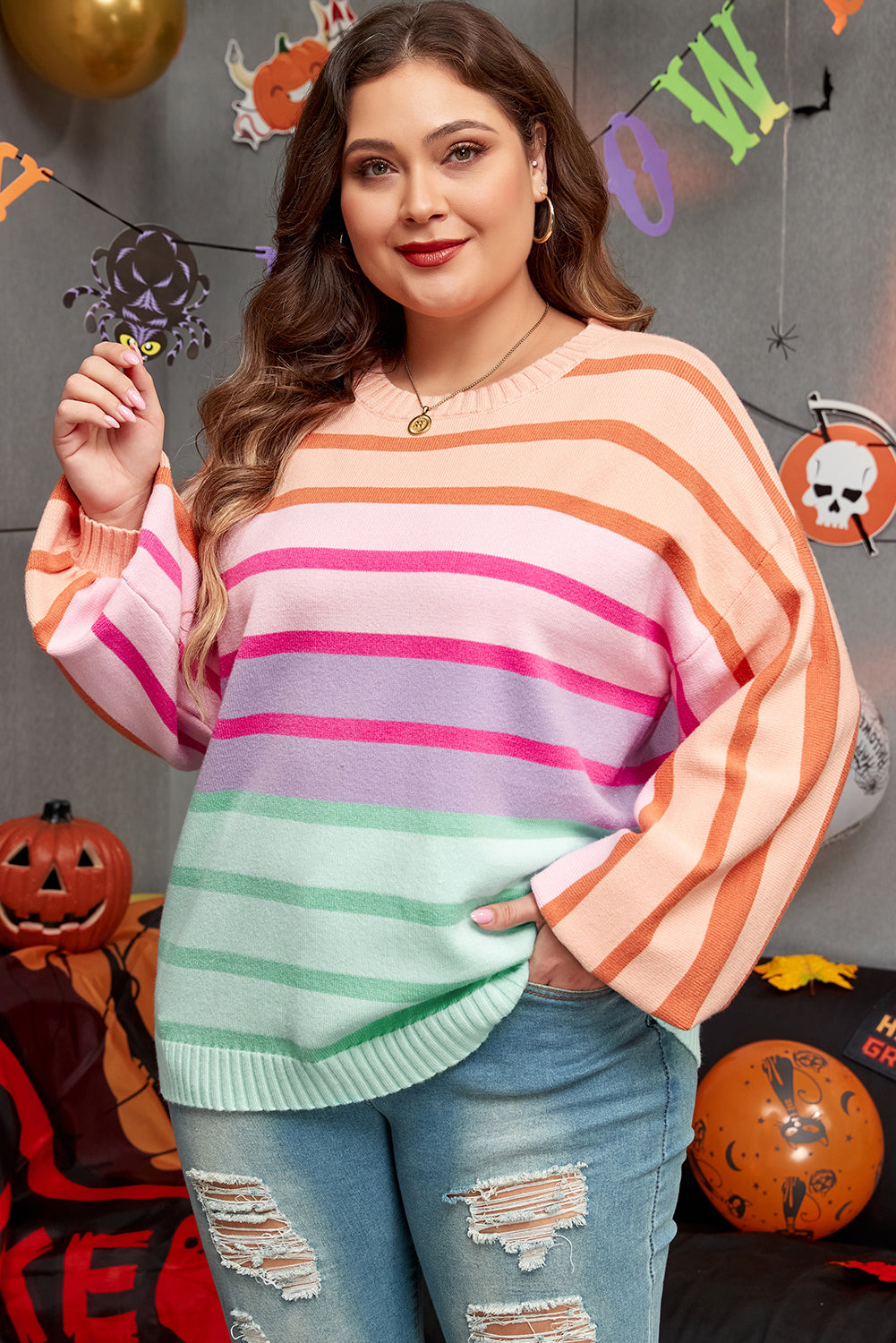 Pink Stripe Color Block Balloon Sleeve Crewneck Plus Size Sweater-Plus Size/Plus Size Sweaters & Cardigans-[Adult]-[Female]-Pink Stripe-1X-2022 Online Blue Zone Planet