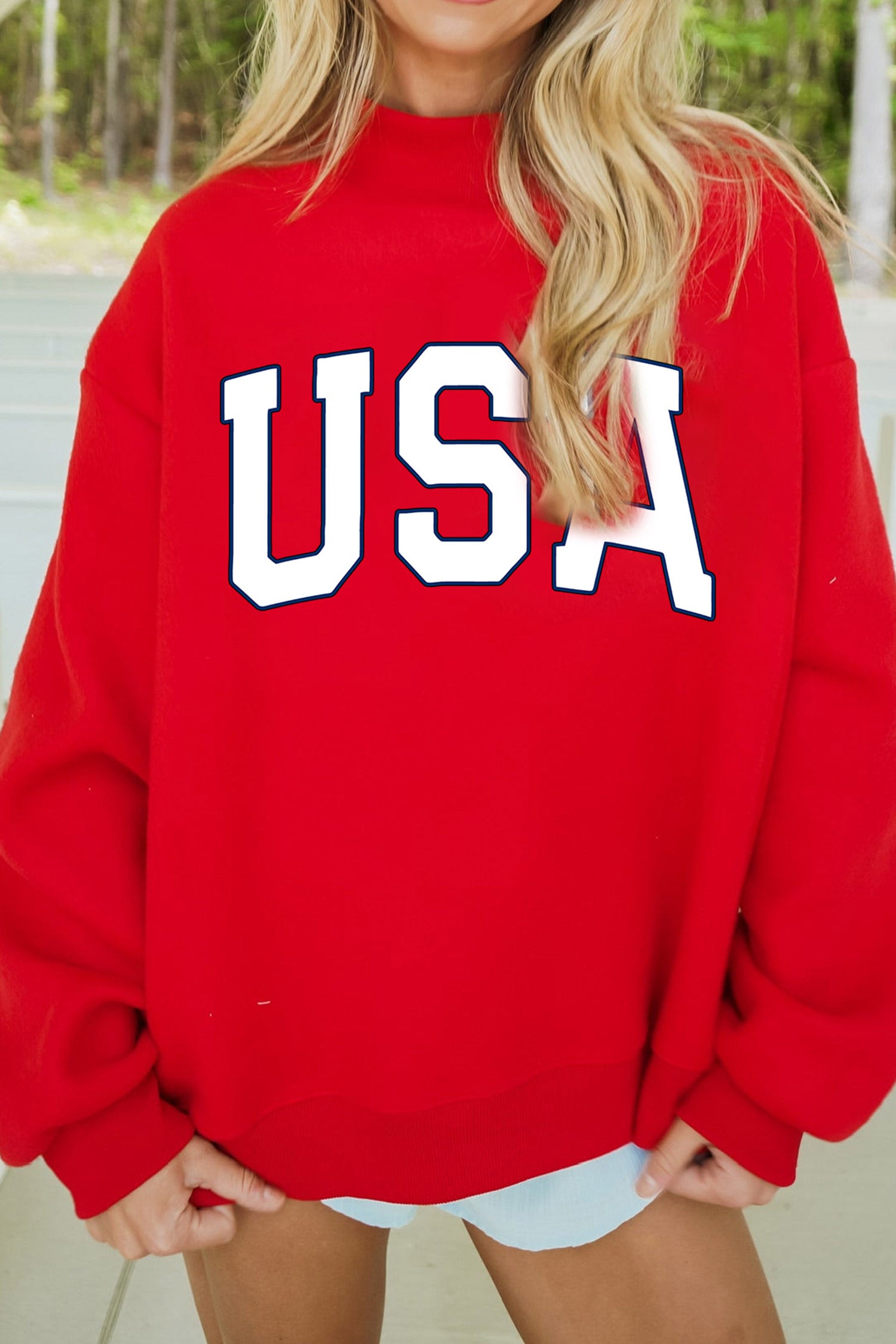 Racing Red American Flag/ USA Double Side Print Reversible Mock Neck Sweatshirt-Graphic/Graphic Sweatshirts-[Adult]-[Female]-2022 Online Blue Zone Planet