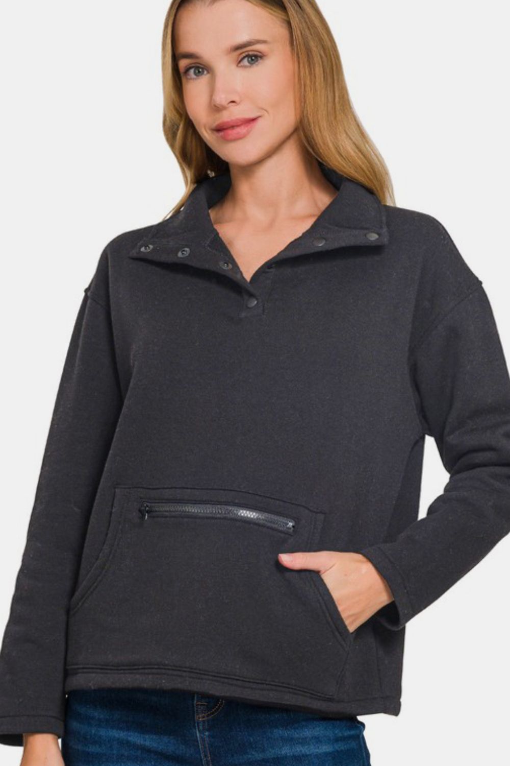 Blue Zone Planet | Zenana Turtleneck Half Snap Fleece Sweatshirt-TOPS / DRESSES-[Adult]-[Female]-2022 Online Blue Zone Planet