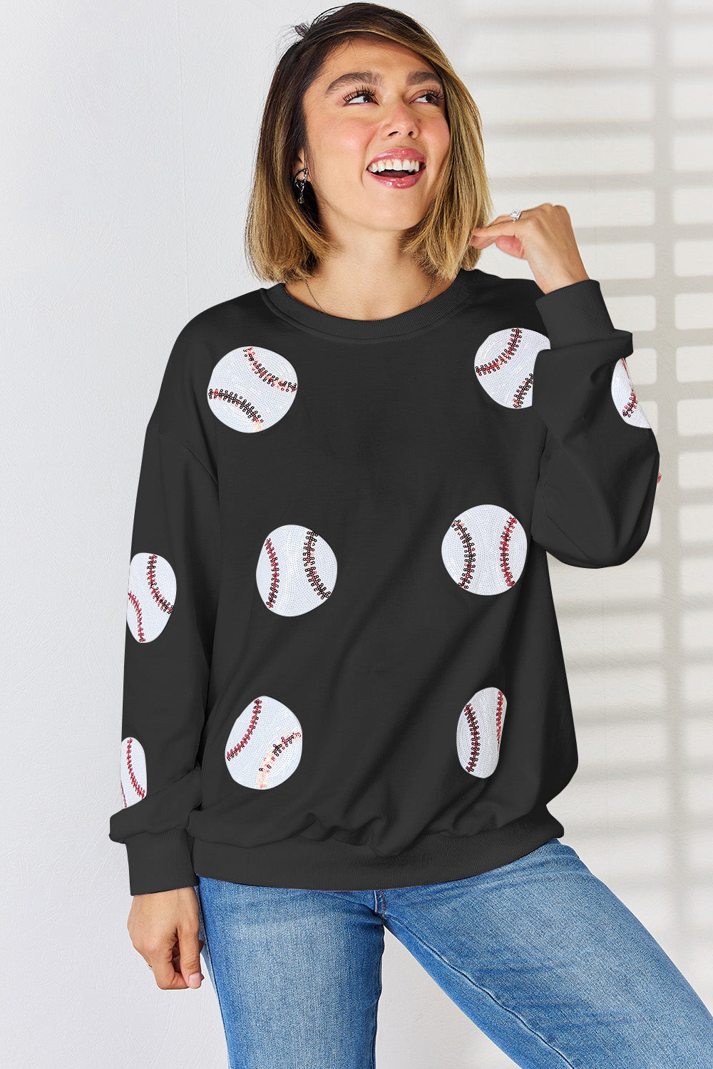 Sequin Baseball Round Neck Dropped Shoulder Sweatshirt-TOPS / DRESSES-[Adult]-[Female]-Black-S-2022 Online Blue Zone Planet