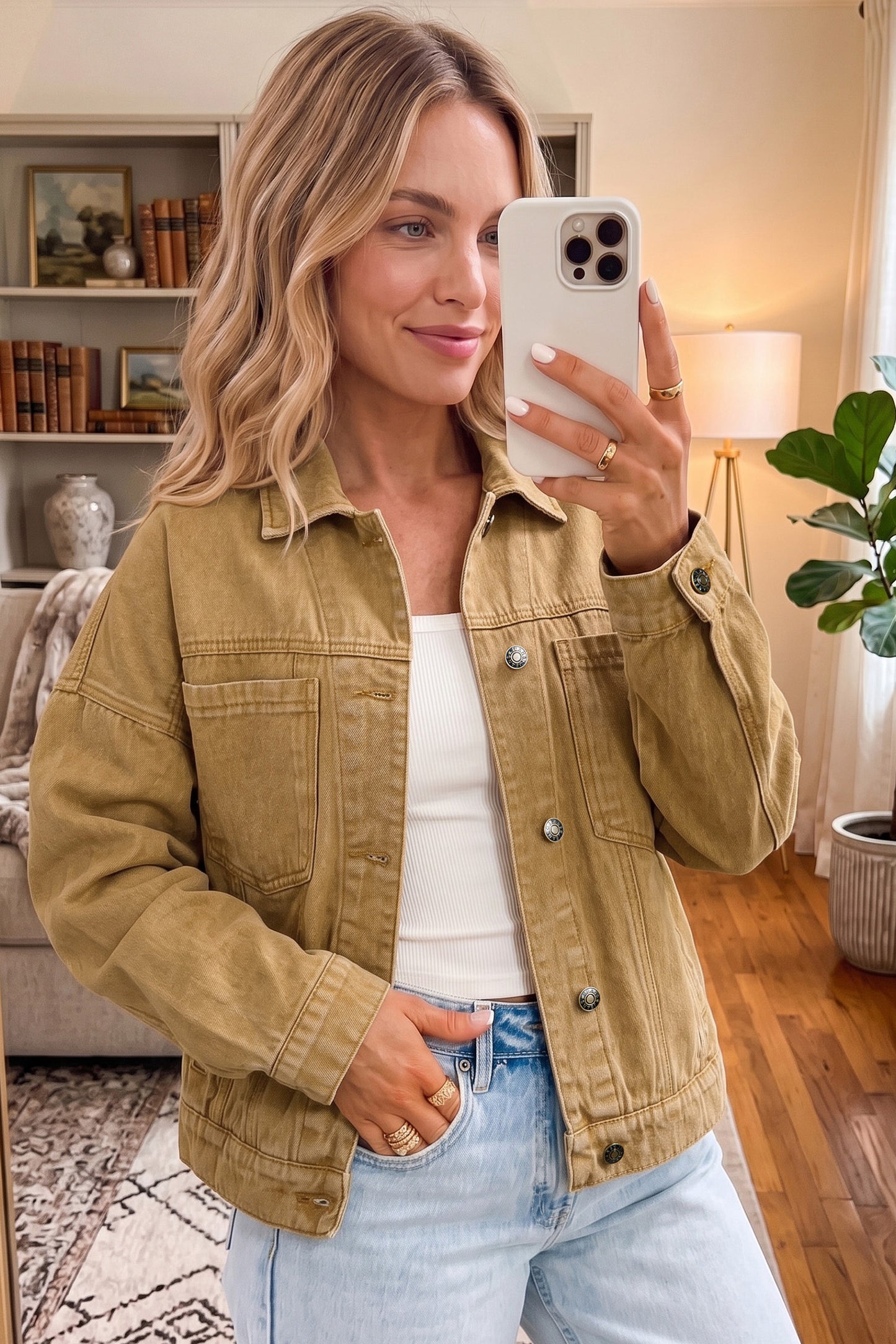 honey gold Metal Button Front Long Sleeve Collar Denim Jacket-Outerwear/Denim jackets-[Adult]-[Female]-2022 Online Blue Zone Planet