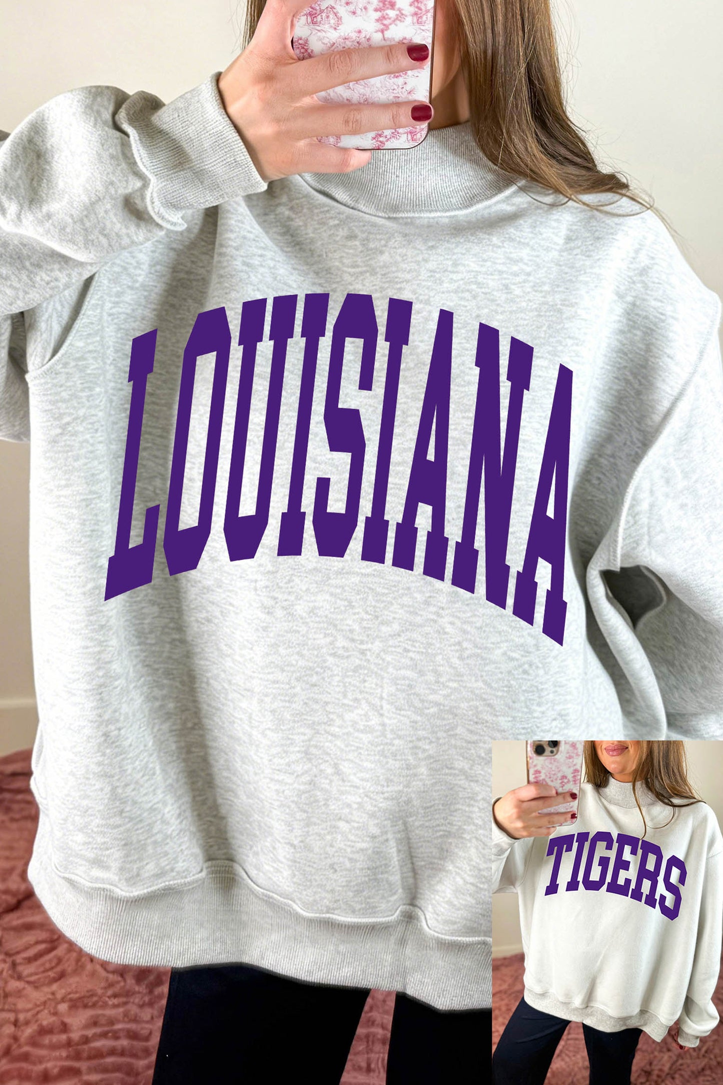 Light Grey LOUISIANA/ TIGERS Double Side Printed High Neck Reversible Sweatshirt-Graphic/Graphic Sweatshirts-[Adult]-[Female]-Light Grey-S-2022 Online Blue Zone Planet