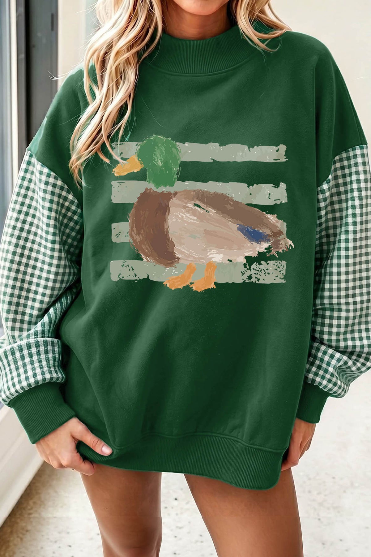 Evergreen Mallard Graphic Plaid Sleeve Tunic Sweatshirt-Graphic/Graphic Sweatshirts-[Adult]-[Female]-Evergreen-S-2022 Online Blue Zone Planet