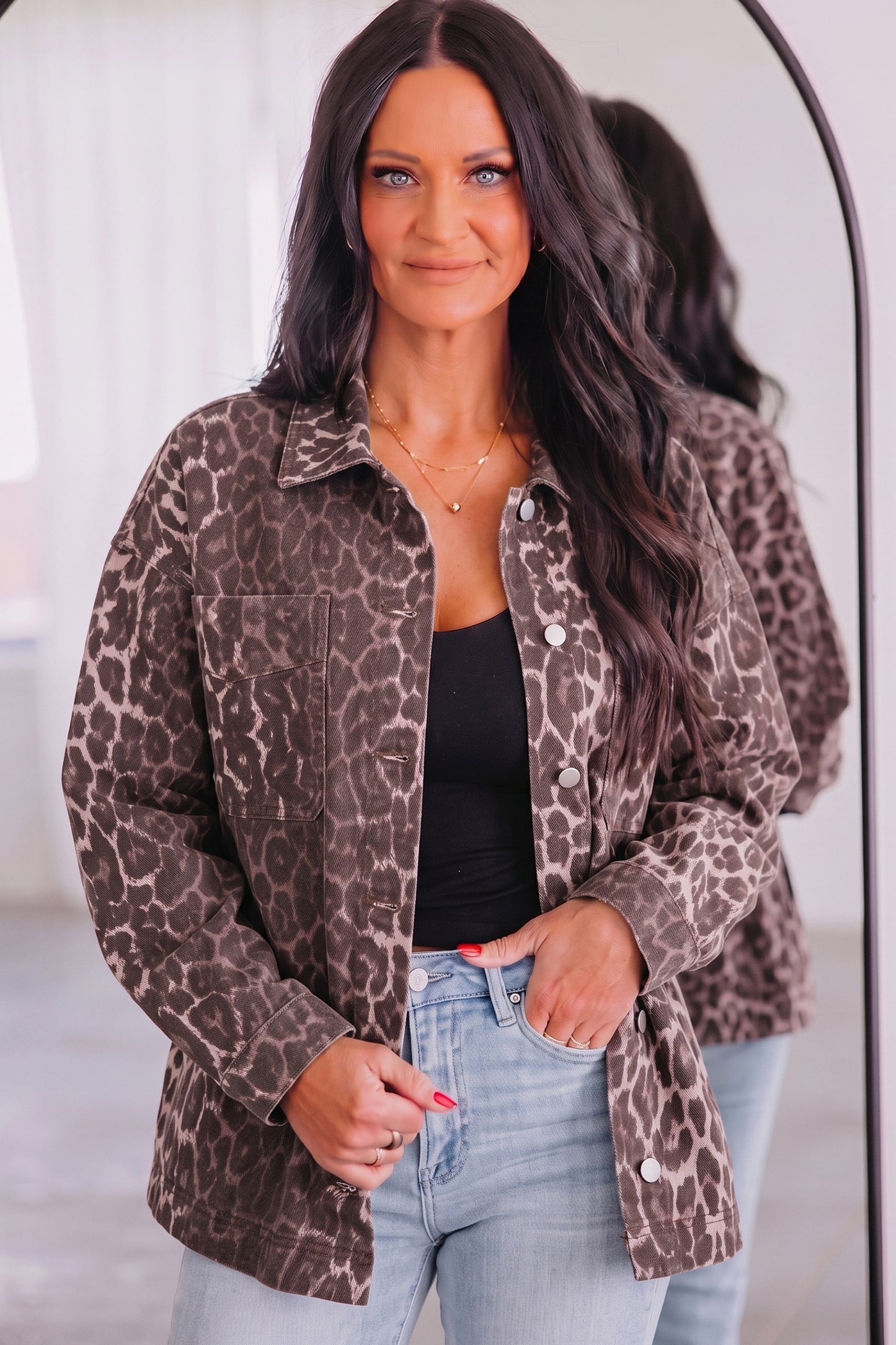 Khaki Oversized Leopard Print Long Sleeve Patch Pocket Denim Jacket-Outerwear/Denim jackets-[Adult]-[Female]-2022 Online Blue Zone Planet