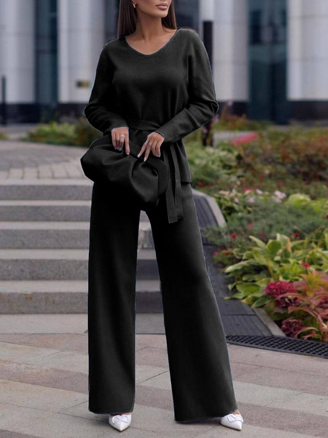 V-Neck Long Sleeve Top and Drawstring Pants Sweater Set-TOPS / DRESSES-[Adult]-[Female]-Black-One Size-2022 Online Blue Zone Planet